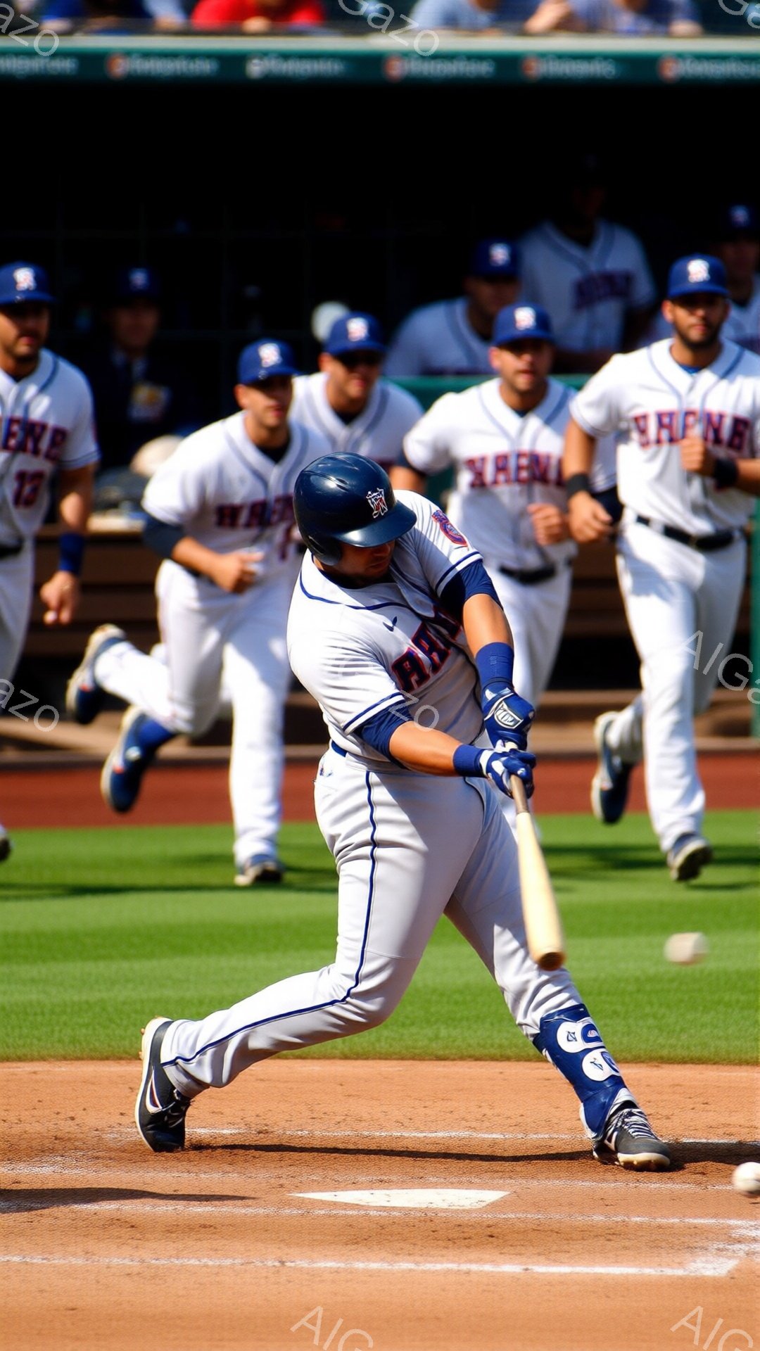 野球選手が打席でバットを振る瞬間を捉えた写真です。彼は白いユニフォームと黒いスパイクを身につけ、集中した表情で力強くスイングしています。背景には他のチームメイトや観客席が見え、緑の芝生と土のグラウンドが広がっています。