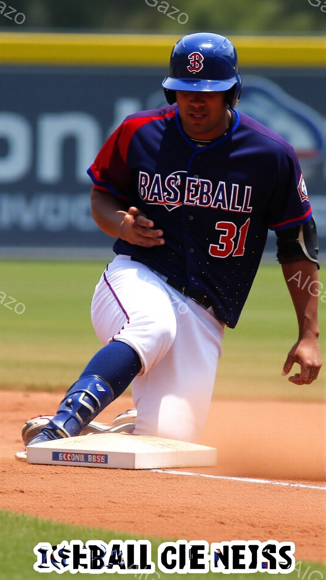 野球選手がベースにスライドしている様子が写っている。濃い青色のユニフォームに赤いライン、背番号31が大きく書かれている。背景には緑の植物と青空が見え、晴天の下での試合が行われていることがわかる。