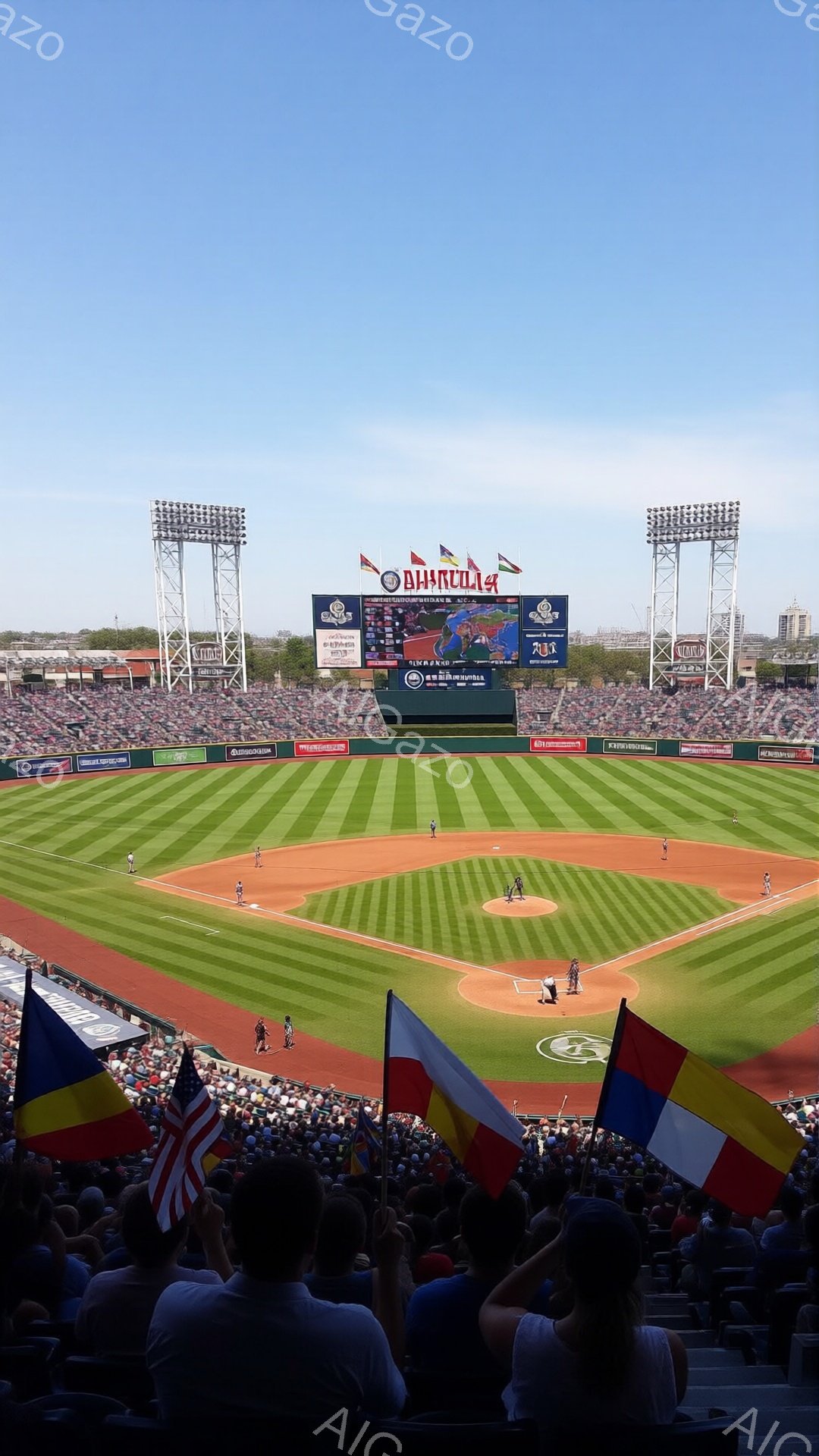 野球場の観客席からの眺めで、緑の芝生が広がる野球場全体を見渡せる。観客は様々な服装で、一部は旗を振っている様子が確認でき、背景には高層の建物と晴れた空が広がり、活気のある試合の雰囲気が伝わってくる。試合が行われていることがわかりますが、選手の表情などは詳細には見えません。