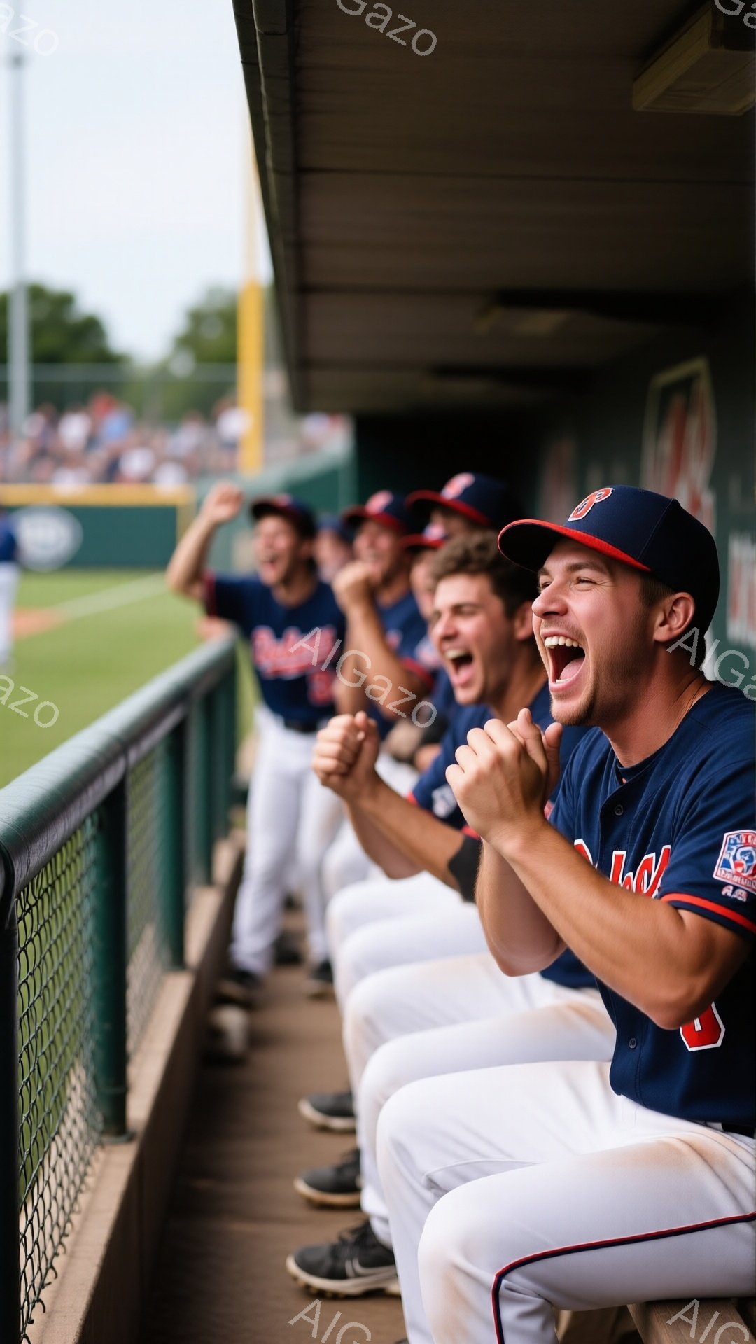 野球選手たちがベンチに座り、興奮した様子で叫んでいる。紺と赤のユニフォーム、白のズボン、ベースボールキャップを着用しており、表情は一様に喜びにあふれている。背景には緑のフィールドと観客席が見え、晴れた日の試合の活気ある雰囲気が伝わる。