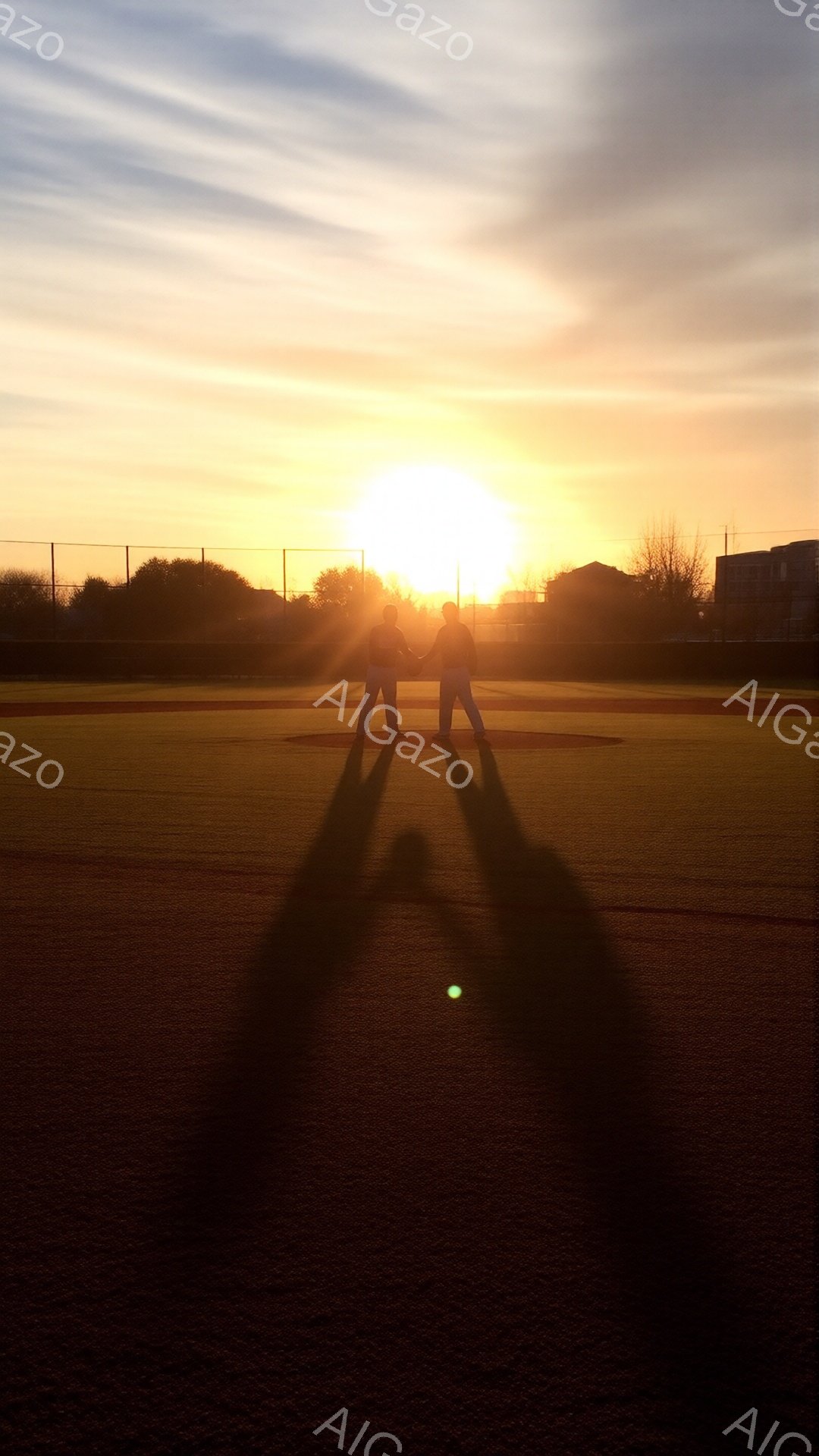二人の人物が夕焼けの野球場に立っているシルエットが印象的だ。彼らは互いに向き合い、手を繋いでいるように見える。背景にはフェンスと遠くの建物が見え、空はオレンジと黄色のグラデーションで、穏やかでノスタルジックな雰囲気を醸し出している。