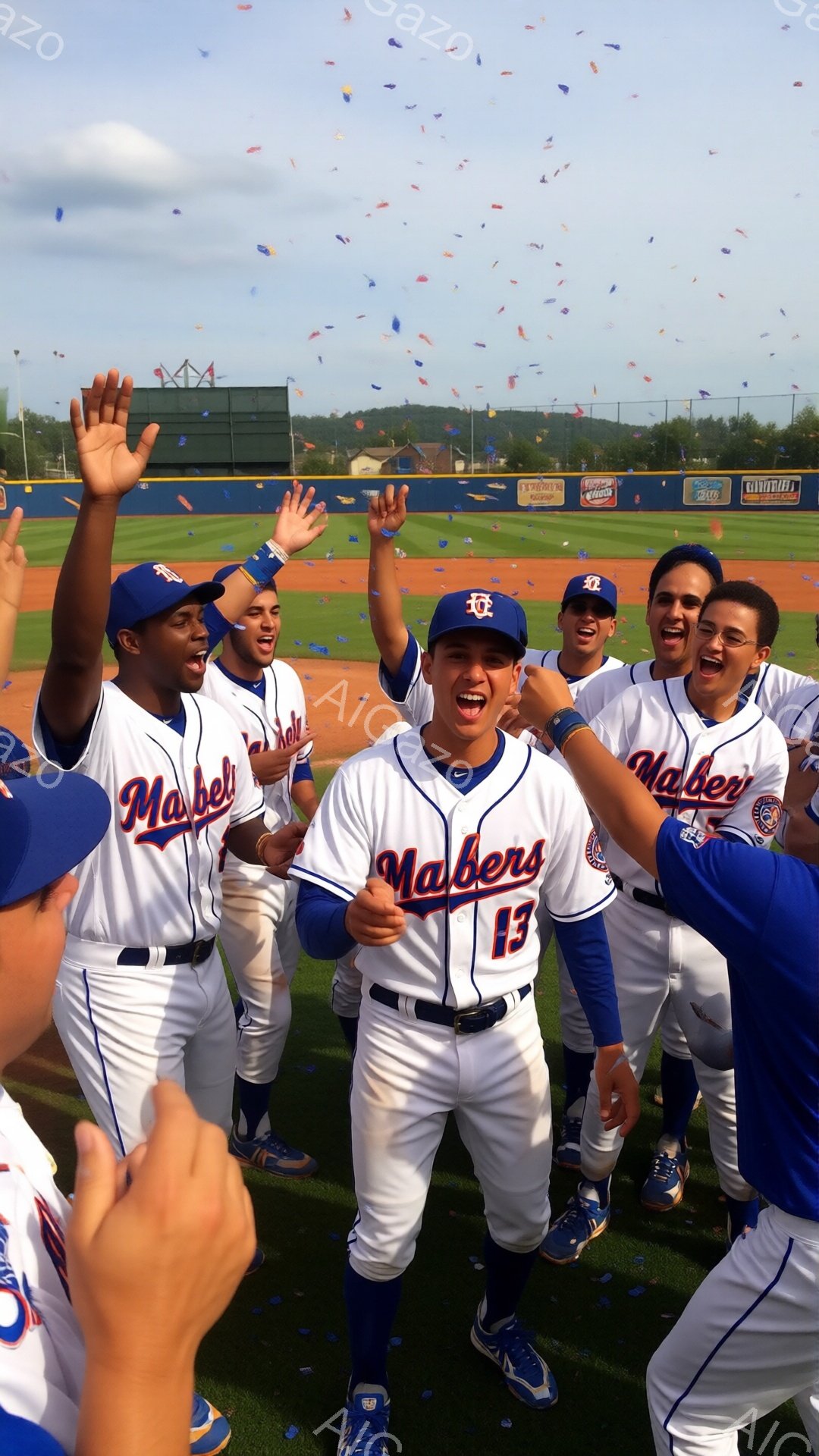 野球チームの選手たちが、勝利を祝って歓喜している様子が写っています。白いユニフォームに「Mabel」と書かれた青い帽子を被り、選手たちは腕を高く上げ、笑顔を見せています。背景には野球場が見え、紙吹雪が舞い、晴れた空の下、チームの喜びと興奮が伝わってきます。