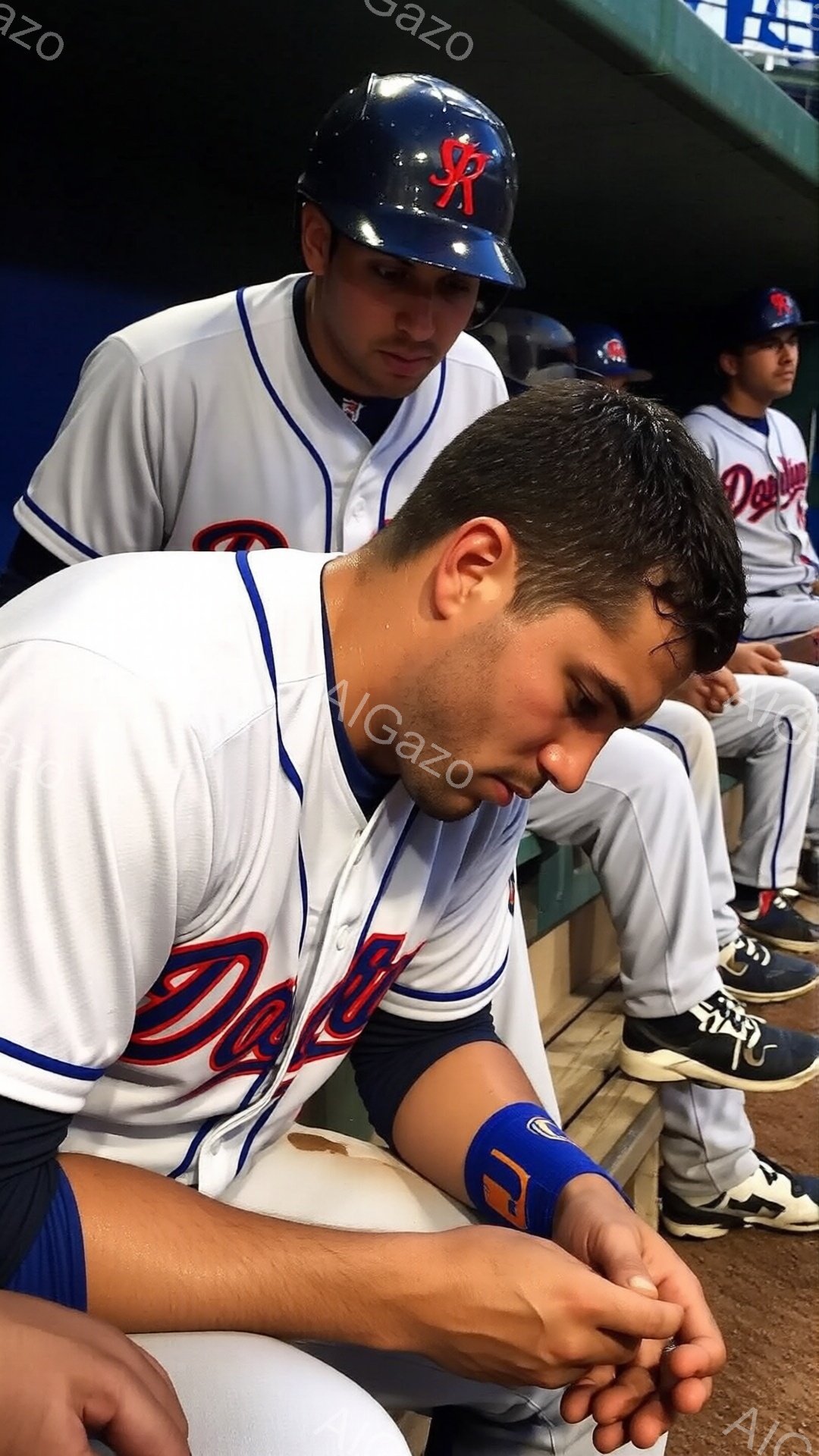 野球選手がベンチに座り、両膝を抱えてうつむいています。白いユニフォームには「Dodgers」のロゴが大きく描かれ、青いリストバンドを着用しています。背景には他の選手たちが座っており、野球場の内部であることがわかります。