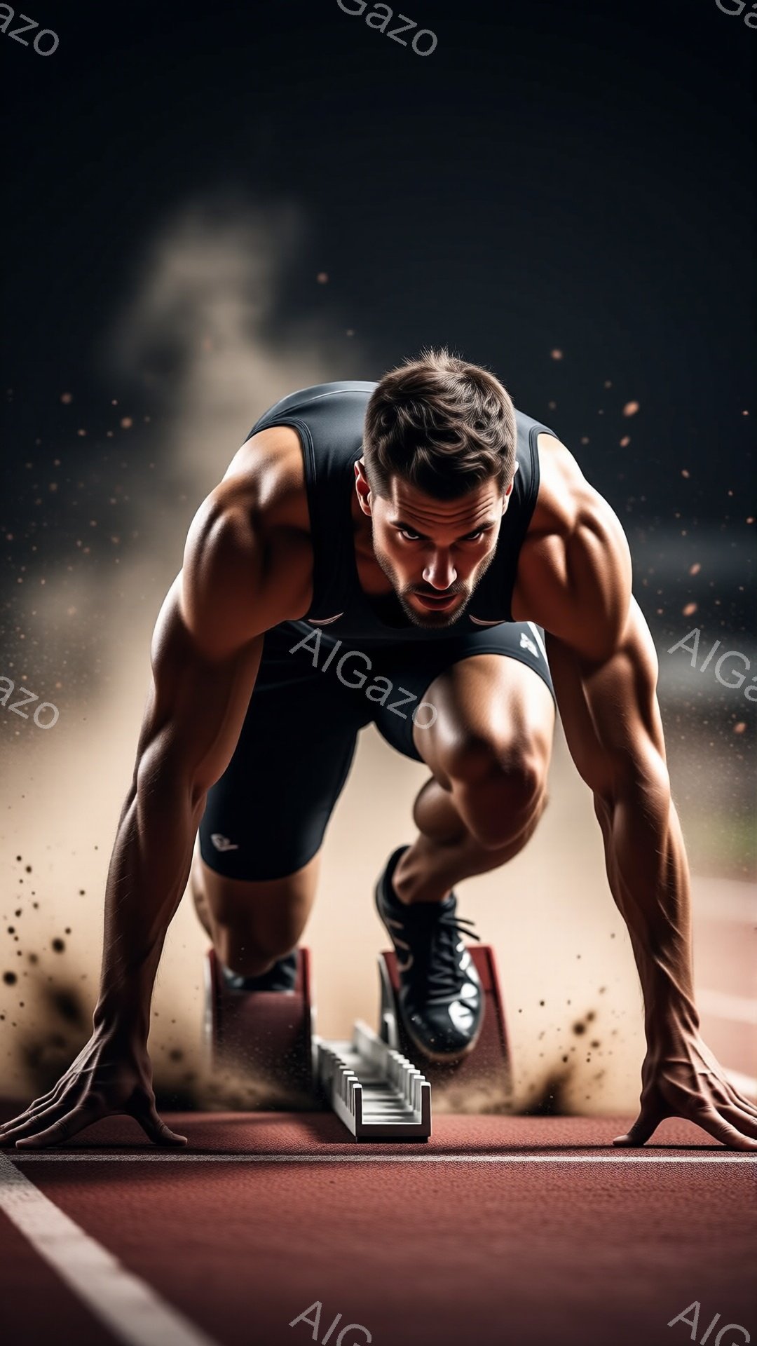 筋肉質な男性がスタートラインに構える姿が捉えられています。彼は黒のタンクトップとショーツを着用し、集中した表情で前を見据えています。背景には赤い陸上トラックと砂埃が舞い、競技の緊迫感と躍動感を高めています。