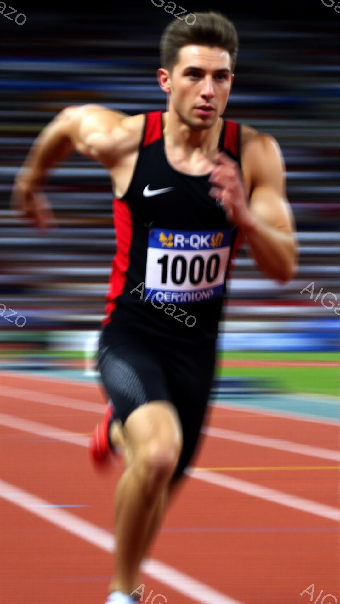 競技場を疾走する男性ランナーが写っている。彼は黒と赤のランニングウェアを着用し、短髪で、集中した表情をしている。背景には赤いトラックとぼやけた観客席が見え、競技場の熱気とスピード感が伝わってくる。