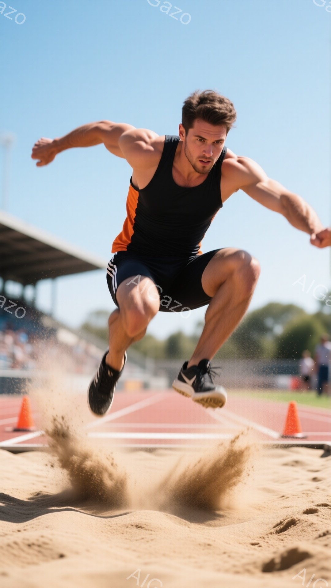 競技者は長距離跳びの最中で、空中で前進する姿勢をとっています。彼は黒いタンクトップにオレンジ色のライン、黒いショーツ、そしてスニーカーを着用し、短く刈り込んだ髪と集中した表情をしています。背景には赤いトラック、オレンジ色のコーン、そして晴れた青空の下の観客席が見え、活気に満ちたスポーツの雰囲気が漂っています。