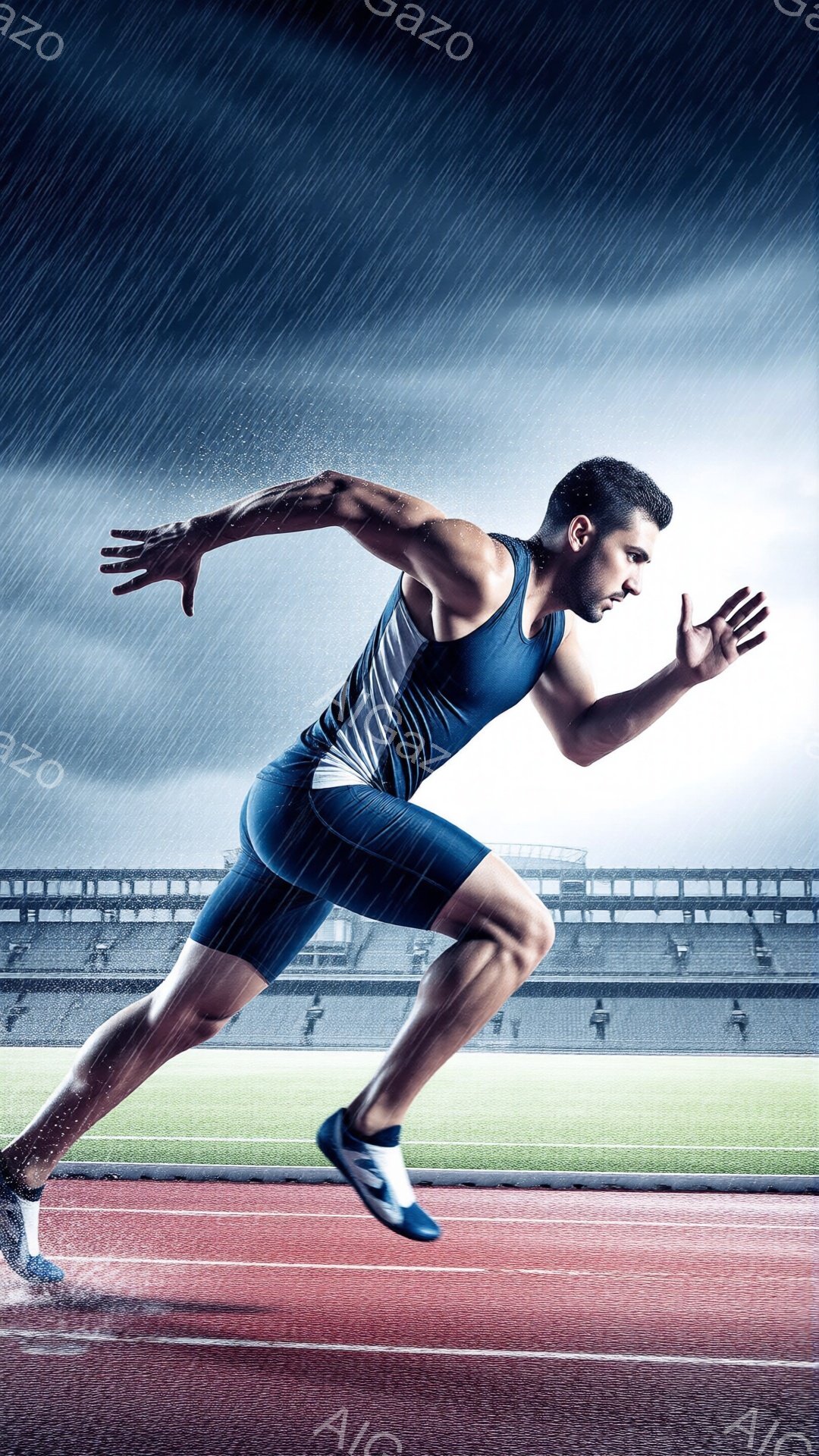 青い陸上競技用ウェアを着た男性が、競技トラックを疾走している姿が捉えられている。筋肉質な体格で、顔は真剣な表情で、集中して走っている様子が伺える。背景は観客席と雨が降る空で、ダイナミックな運動と厳しい - AI生成フリー素材