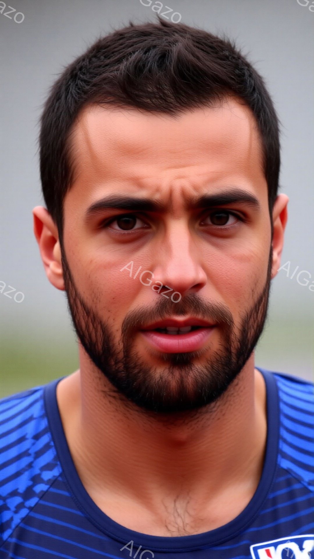 この画像は、青いユニフォームを着た男性の顔のアップです。彼は濃い茶色のひげを生やしており、短く刈り込まれた黒髪をしています。表情はやや真剣で、背景は緑の芝生とぼやけた背景で、屋外で撮影されたことを示唆しています。
