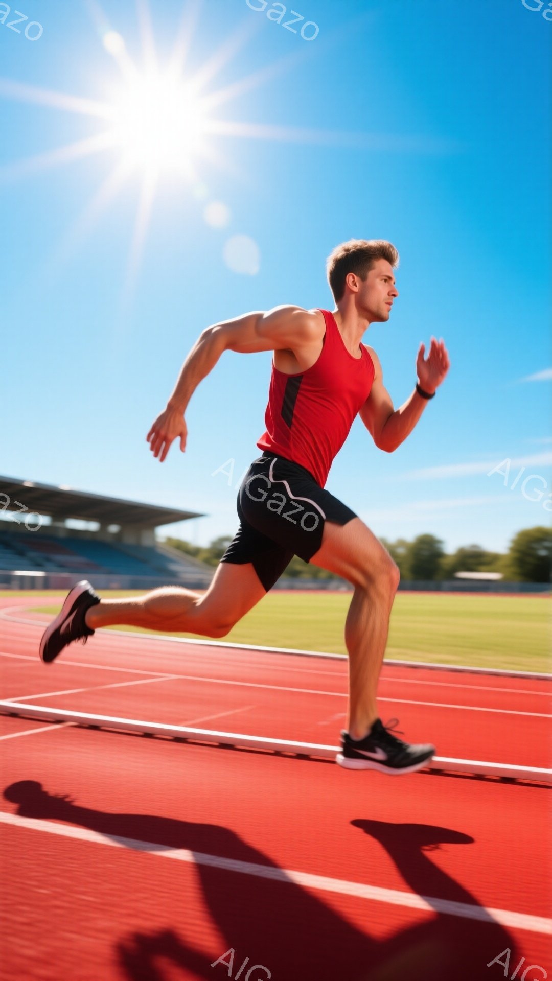 赤いトラックを走る男性アスリートが写っている。彼は黒のランニングショーツと赤いタンクトップを着ており、力強い走りを見せている。背景には観客席と緑の芝生、そして晴天の青空が広がり、活気に満ちた競技場の雰囲気を醸し出している。