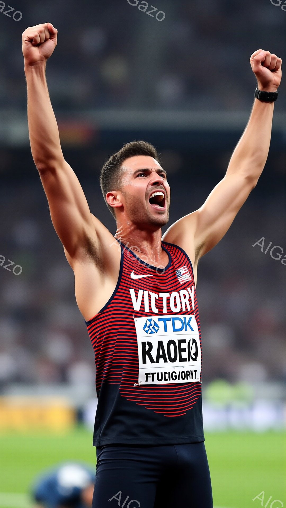 競技場に立つ男性アスリートは、赤と黒のストライプのタンクトップと黒いショートパンツを着用し、両腕を天高く上げて勝利を喜んでいます。彼の表情は興奮に満ちており、口は大きく開いて叫んでいます。背景には緑の芝生と観客席が見え、晴天の下、競技場全体が活気に満ちています。