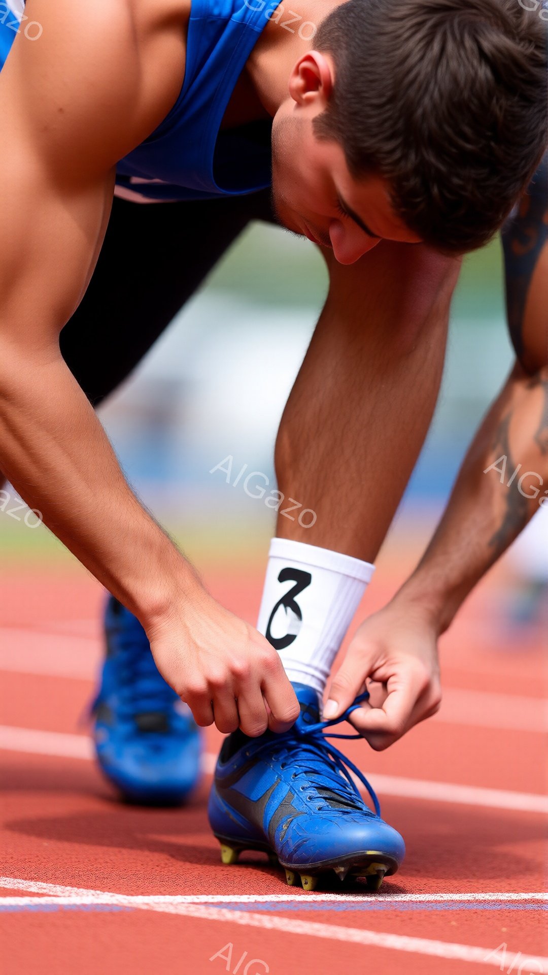 競技場内の赤いトラック上に、青いユニフォームとスパイクを着用した男性が膝をついて靴紐を結んでいます。彼の肌は小麦色で、短い黒髪は汗で濡れています。背景にはぼやけた建物と青空が見え、活気のある競技の雰囲気が漂っています。
