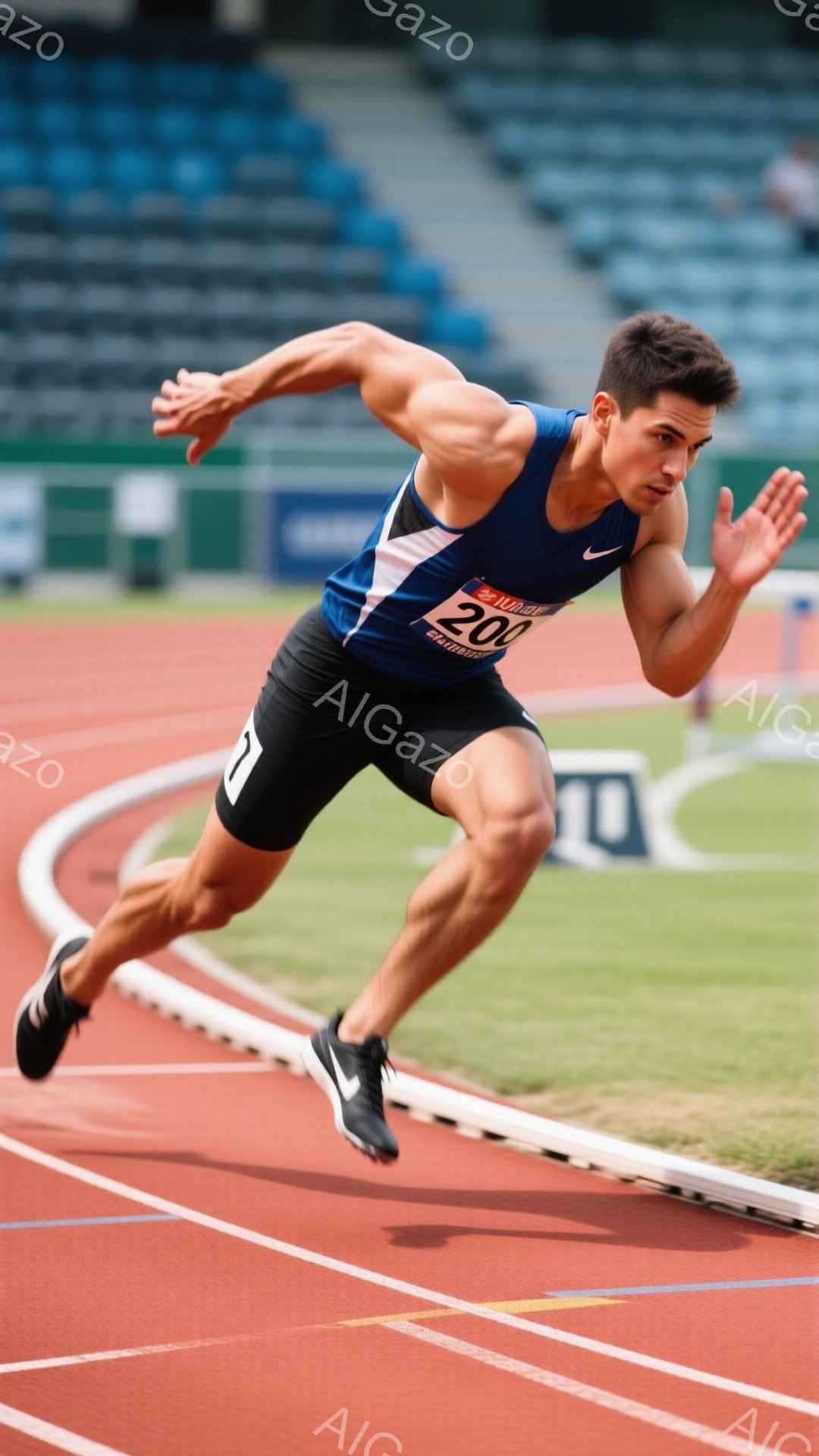 競技場を疾走する男性アスリートが写っている。青いタンクトップと黒い短パンを着用し、左胸には「200」と書かれたゼッケンをつけている。彼の表情は真剣で、腕と脚は全力で前に突き出されており、スピード感あふ - AI生成フリー素材