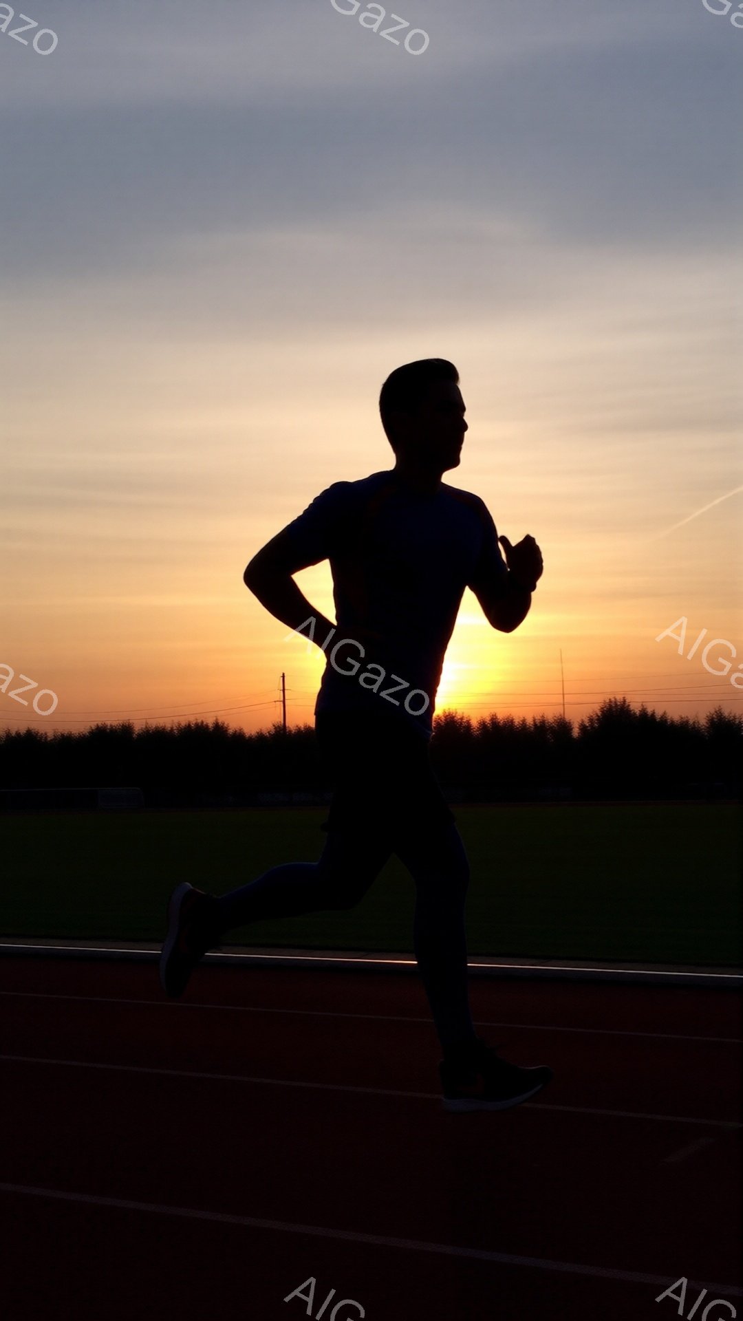 ランナーは競技トラックを疾走しており、シルエットで描かれている。夕焼けのオレンジ色の背景が強く、運動場の緑と空のグラデーションとコントラストをなしている。ランナーの姿勢はダイナミックで、そのシルエットが、運動と情熱的なエネルギーを感じさせる。