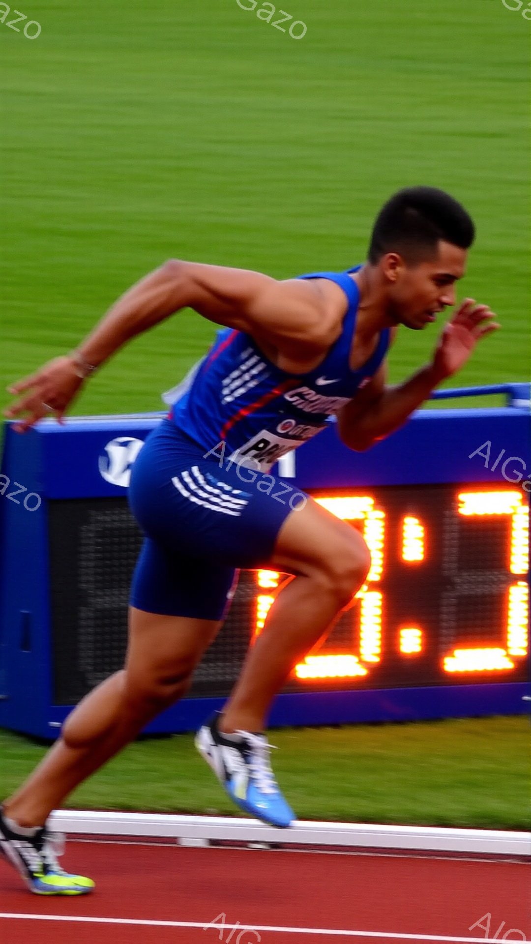 この画像は、競技場で走る男性アスリートを捉えています。彼は青と赤のストライプが入ったユニフォームを着用し、短髪で引き締まった表情をしています。背景にはデジタル表示のタイムボードが見え、競技場のトラックと照明が明るく照らされています。