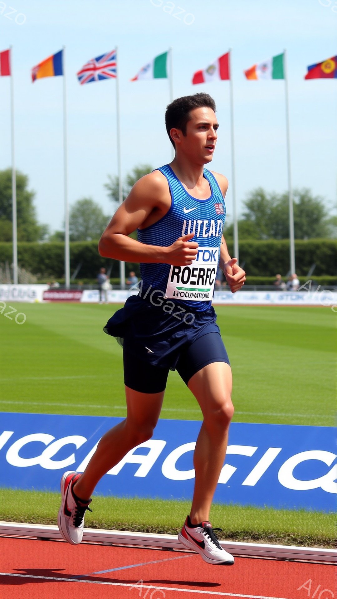 競技場を疾走する男性ランナーが写っている。彼は濃い青色のタンクトップと短パンを着用し、左肩には「ROERFC」と書かれたゼッケンをつけている。背景には複数の旗と緑の芝生、そして晴天の空が広がり、活気ある競技の雰囲気が伝わる。