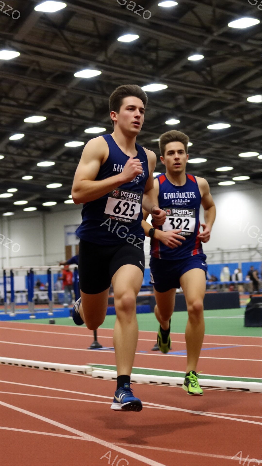 競技場で走る二人の男性が写っている。どちらも紺色のタンクトップと短パンを着用し、走ることに集中した真剣な表情をしている。背景には赤いトラックと観客席が見え、屋内競技場の活気ある雰囲気が伝わってくる。