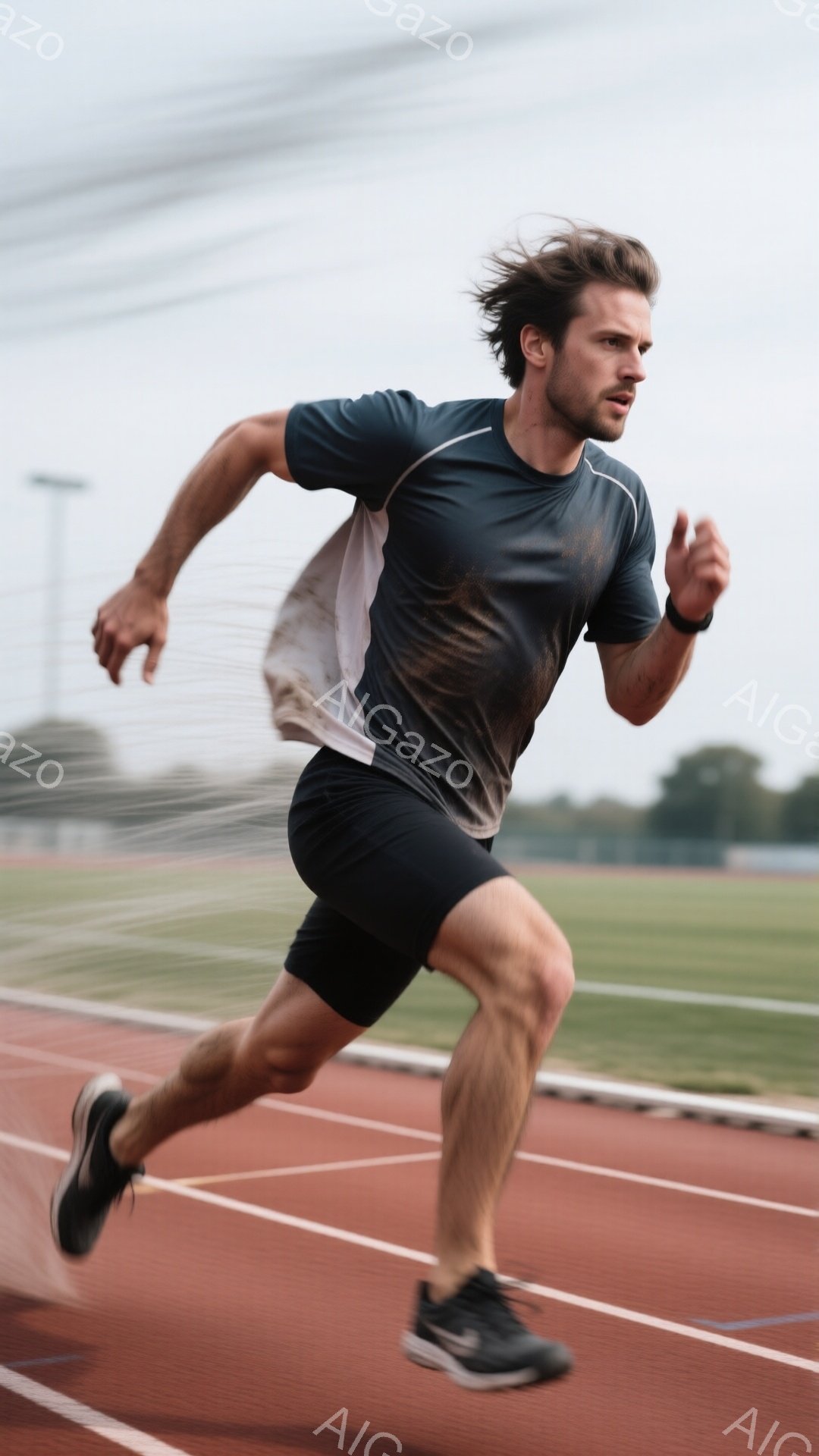 男は競技場で走っているところであり、濃いグレーの半袖シャツと黒いショーツを着用し、運動に適した服装をしている。彼は前方を凝視し、集中した表情で、力強く腕を振り、片足を高く上げて走っている。背景には緑の芝生と、ぼやけた観客席らしきものが写り、晴天の下で運動に励む様子が伝わる。