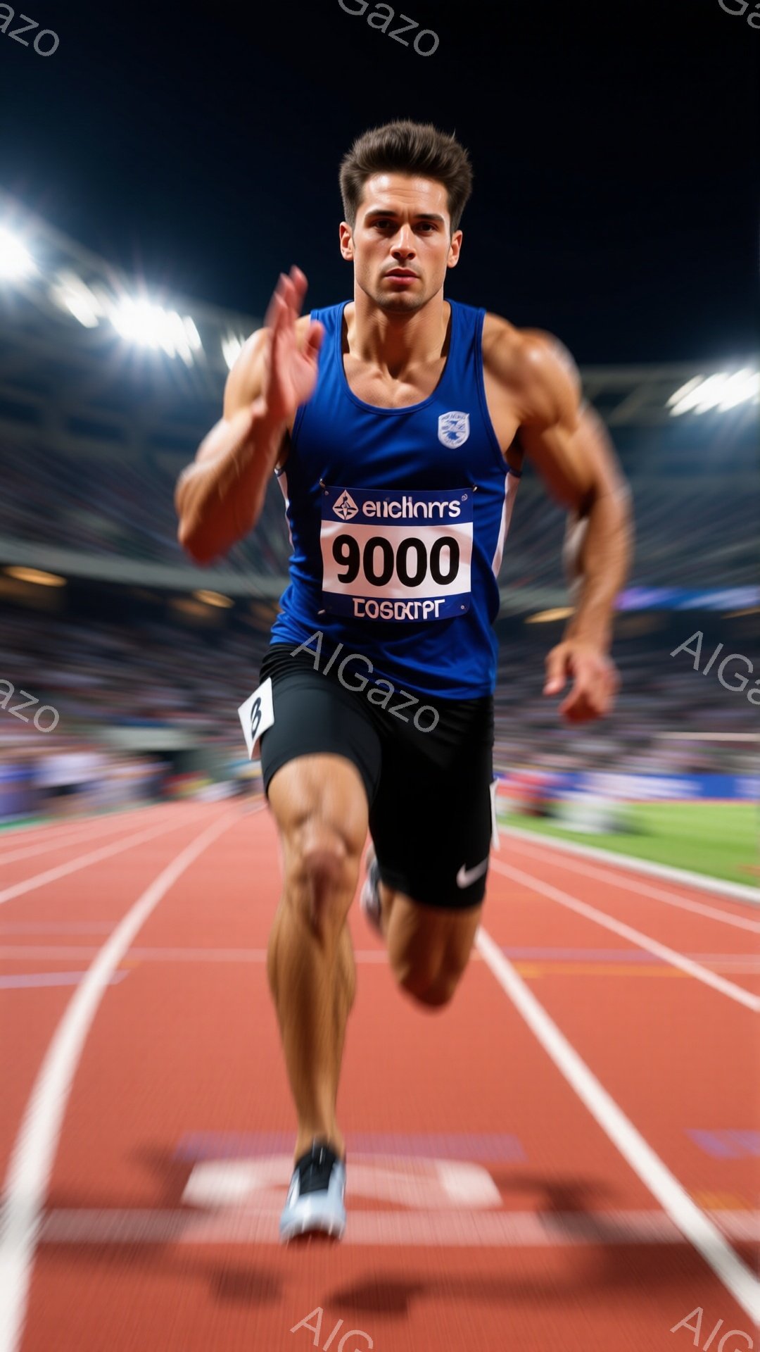 この画像は、競技場で疾走する男性アスリートを捉えています。彼は黒のショートパンツと、スポンサーロゴが入った青いタンクトップを着用し、力強い表情で前を見据えています。背景は夜間の競技場であり、観客席と照明がぼやけており、スピード感と集中感を強調しています。