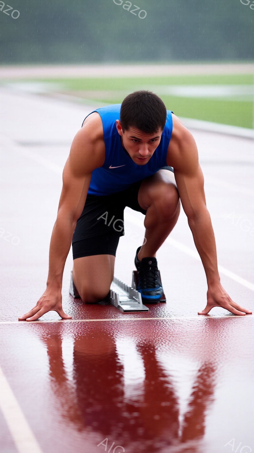 競技者は赤いトラックにひざまずき、スタートブロックに手を置いた構えで、力強い表情で前を見据えています。青いタンクトップと黒い短パン姿で、短く刈り込んだ髪が特徴的です。背景は雨に濡れたトラックと緑豊かな自然で、雨天の中での競技が繰り広げられる緊迫感のある雰囲気です。