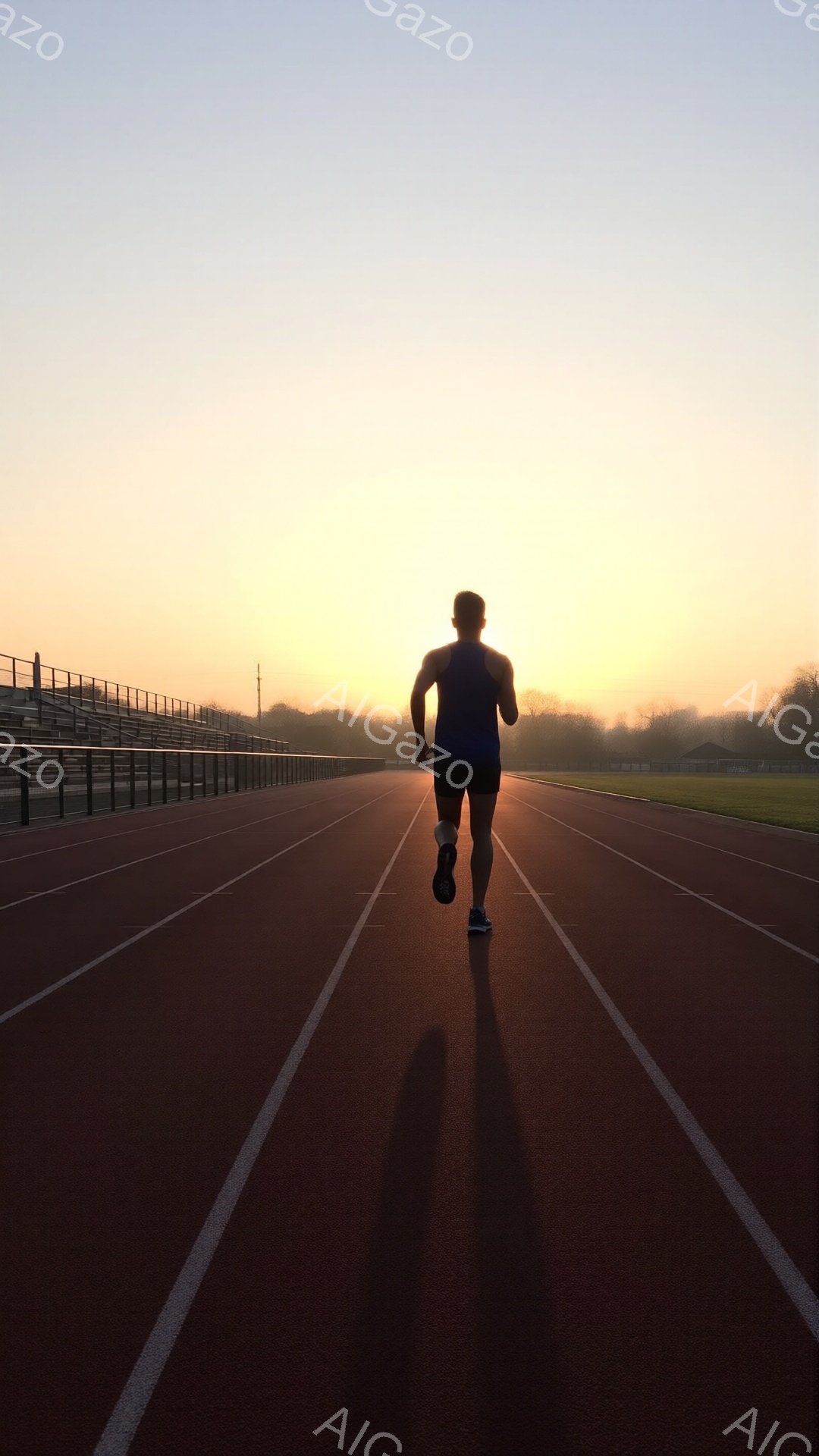 競技場を走る人物の後ろ姿が写っている。彼は黒いタンクトップとショーツ姿で、ストレートな姿勢で前へ進んでいる。背景は朝焼けの空と、遠くに見える木々や建物で、競技場全体が暖かく柔らかな光に包まれている。