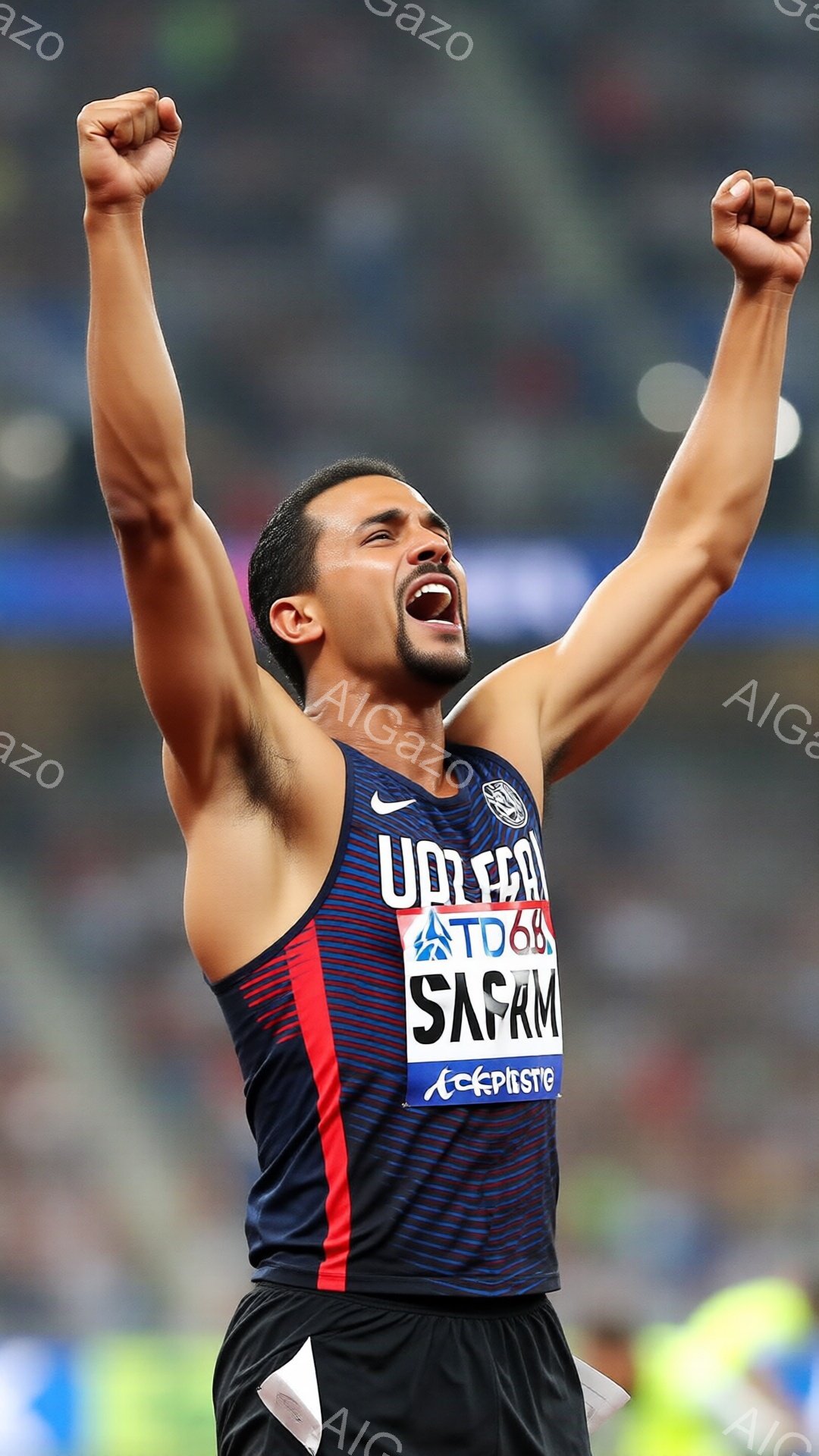 競技場内で、興奮した表情で両腕を高く上げた男性アスリートが写っている。彼は赤いラインと青色のハイネックが特徴のユニフォームを着用し、短髪で筋肉質な体格をしている。背景には観客席や競技場のトラックが見え、晴天の下、勝利を祝う熱狂的な雰囲気が伝わる。