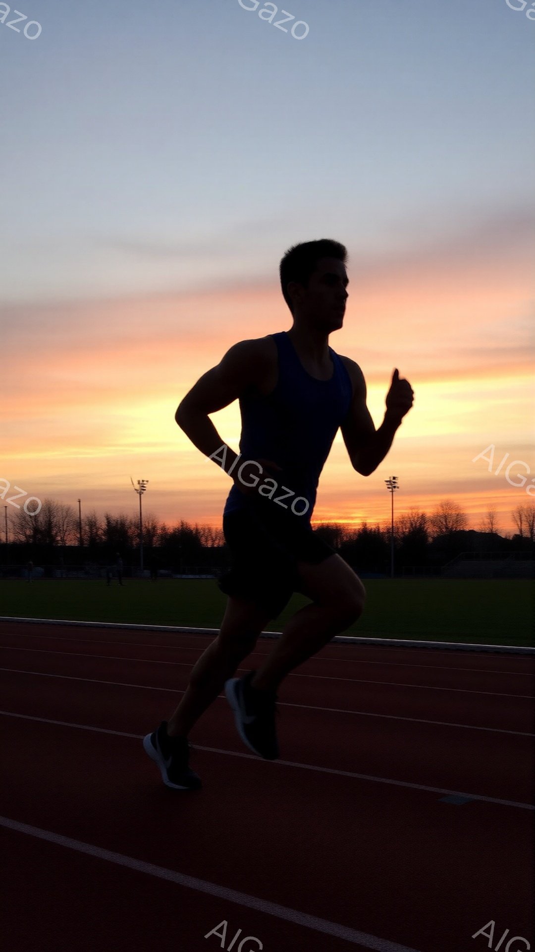 男はトラックを走っており、青いタンクトップと黒いショートパンツ、そしてランニングシューズを着用しています。夕焼け空の下、彼のシルエットが際立ち、力強い走りを見せています。背景には、木々が並び、オレンジと紫色のグラデーションが広がっており、運動と自然が調和した静かな雰囲気を作り出しています。