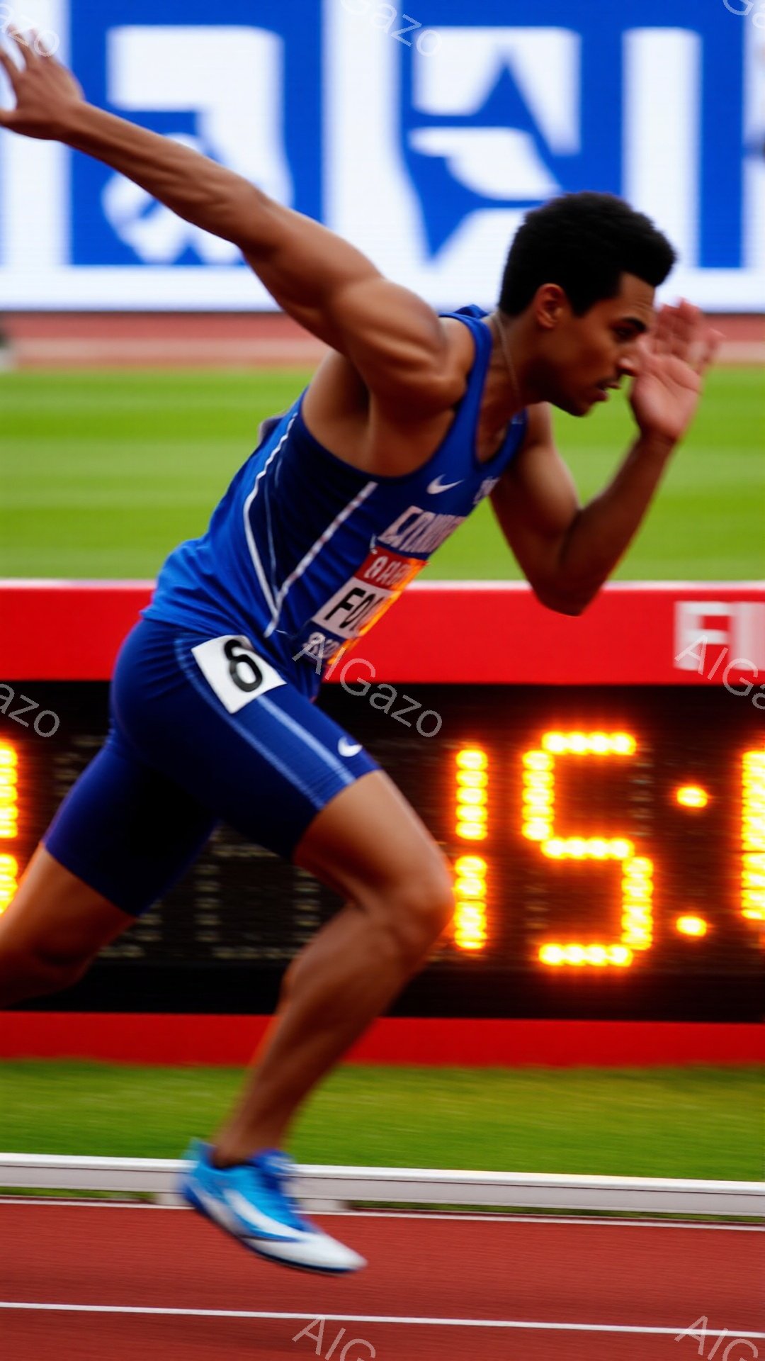 青い陸上競技ウェアを着た若い男性が、競技トラックを走っている姿が捉えられています。彼は力強く腕を振り、前傾姿勢でスピードに乗っている様子で、表情は真剣そのものです。背景には緑のフィールドと観客席の一部が見え、タイムが「15:」と表示されたデジタルボードがぼやけて写っています。