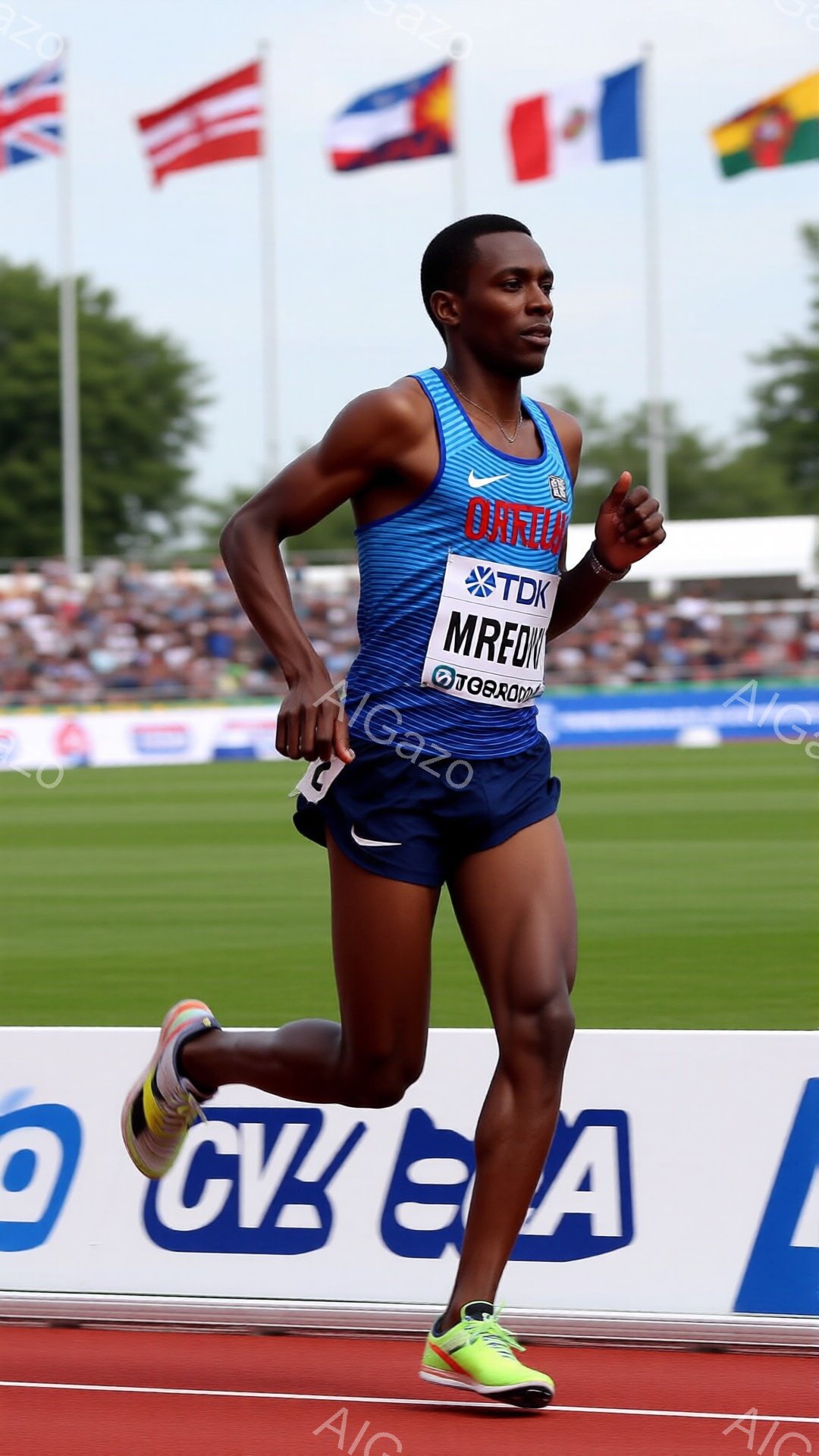 アフリカ系の男性ランナーが競技場で走っている様子が写っている。彼は青いタンクトップと短い紺色のショーツを着用し、左腕にはスポンサーロゴが入っている。背景には緑の芝生と旗、そしてぼやけた観客席が見え、晴天の下、活気に満ちた競技場の雰囲気が伝わってくる。