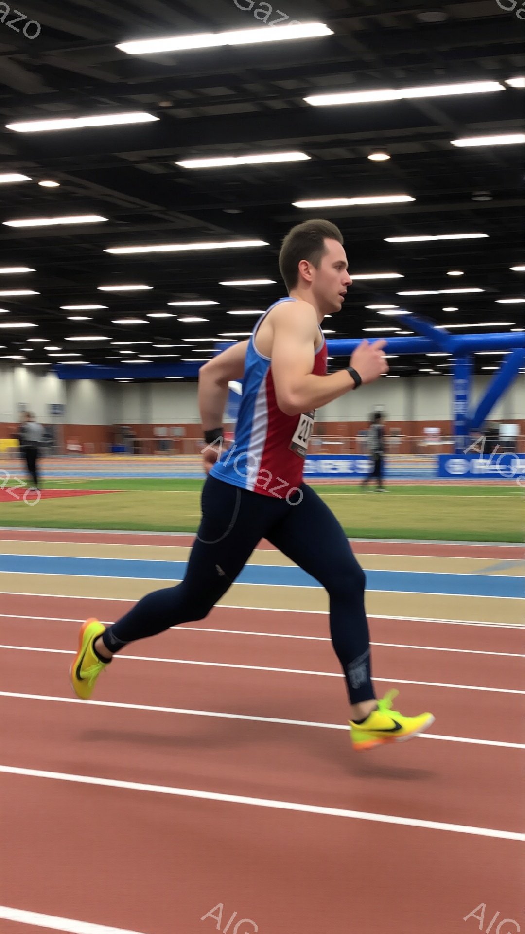 競技場内で走る男性ランナーが写っている。彼は赤いタンクトップに濃い青色のタイツ、そして明るい黄色のランニングシューズを身に着けている。集中した表情で前を見据え、力強く腕を振りながら走っている。