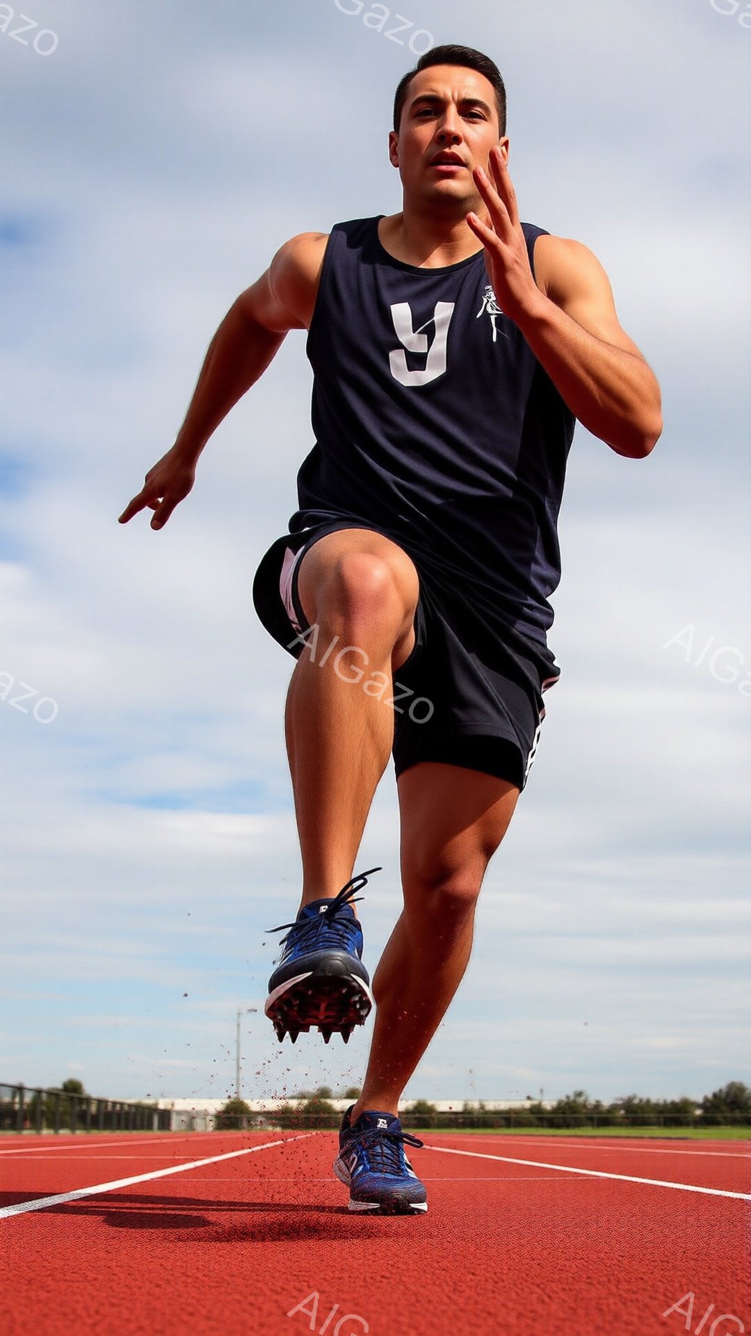 競技場を疾走する男性の姿が捉えられています。彼は黒いユニフォームとスパイクシューズを着用し、力強い走りで前進しています。背景には赤いトラックと青空、遠くの建物が見え、活気に満ちた競技の雰囲気が伝わってきます。
