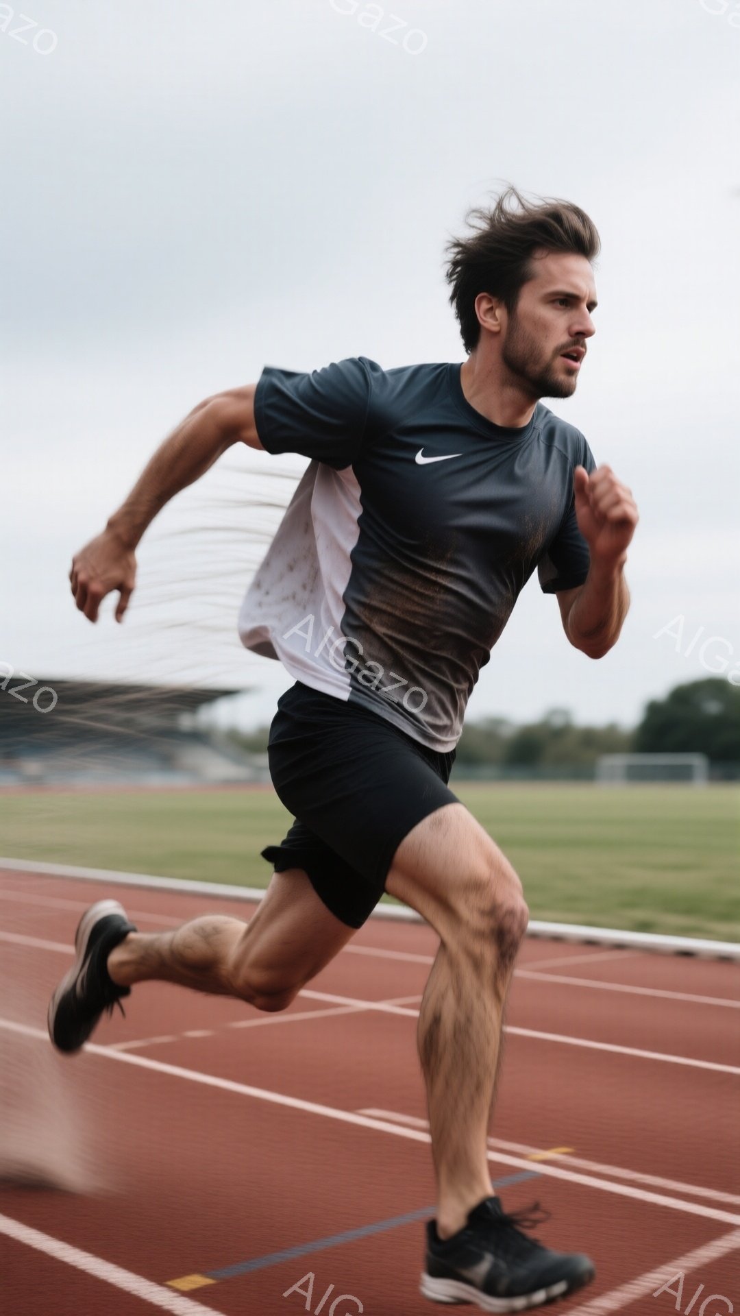 競技場を疾走する男性が写っている。彼は黒と白のグラデーションが入ったランニングシャツと黒のショーツを着用し、黒いランニングシューズを履いている。背景には緑の芝生と観客席が見え、曇り空の下で運動に励む様子が捉えられている。