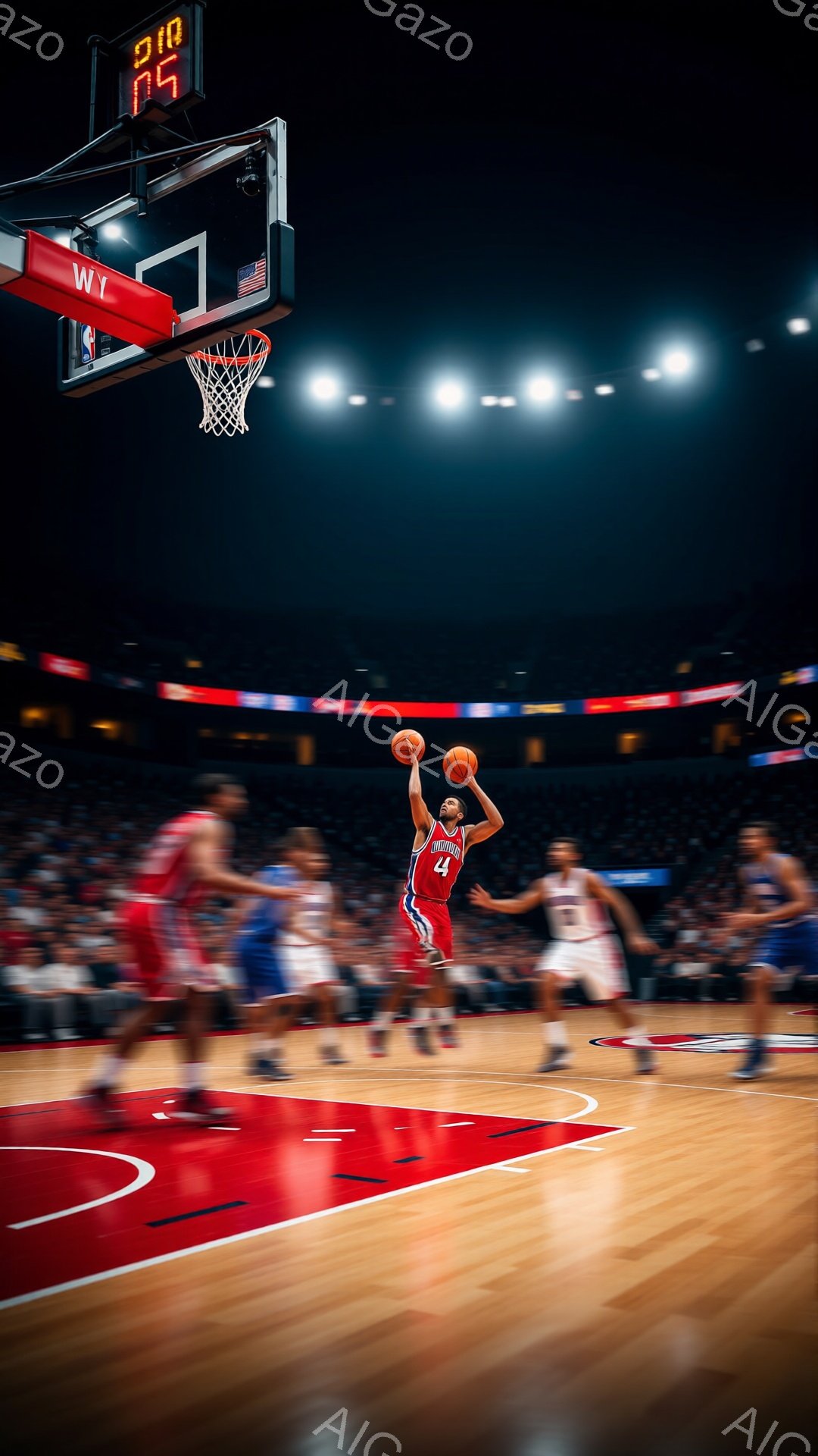 バスケットボール選手がジャンプしてシュートをしています。赤いユニフォームに黒いショートパンツ、短い髪型で、集中した表情をしています。背景にはぼやけた観客席とコート、そしてスコアボードが見え、試合の熱気を感じさせる雰囲気です。