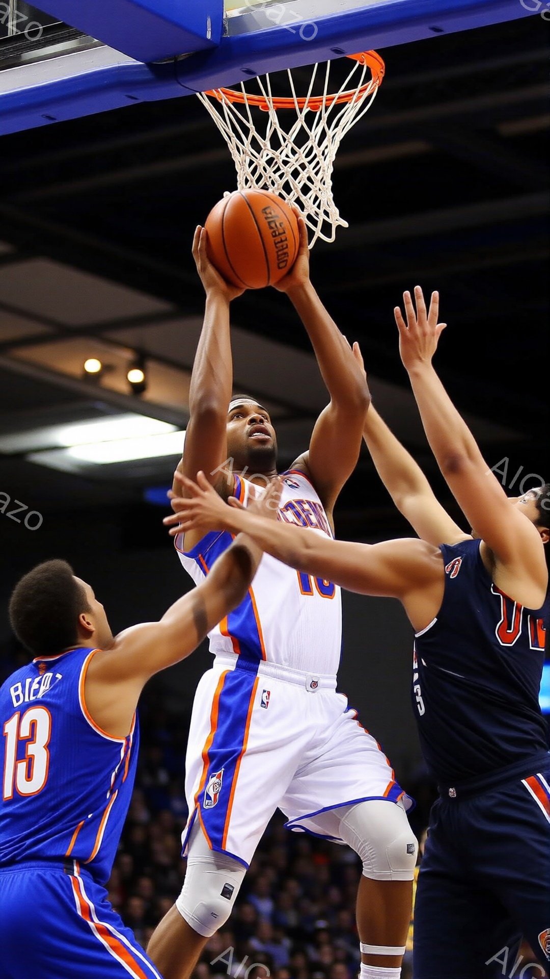 ニューヨーク・ニックスの選手が、バスケットボールのリングに向かってシュートを放とうとしている瞬間を捉えた写真です。オレンジと青のユニフォームを着用し、黒いヘアスタイルで、集中した表情で腕を高く上げてボールを放とうとしています。背景には観客席がぼやけて見え、競技場の照明が明るく、活気のある雰囲気です。