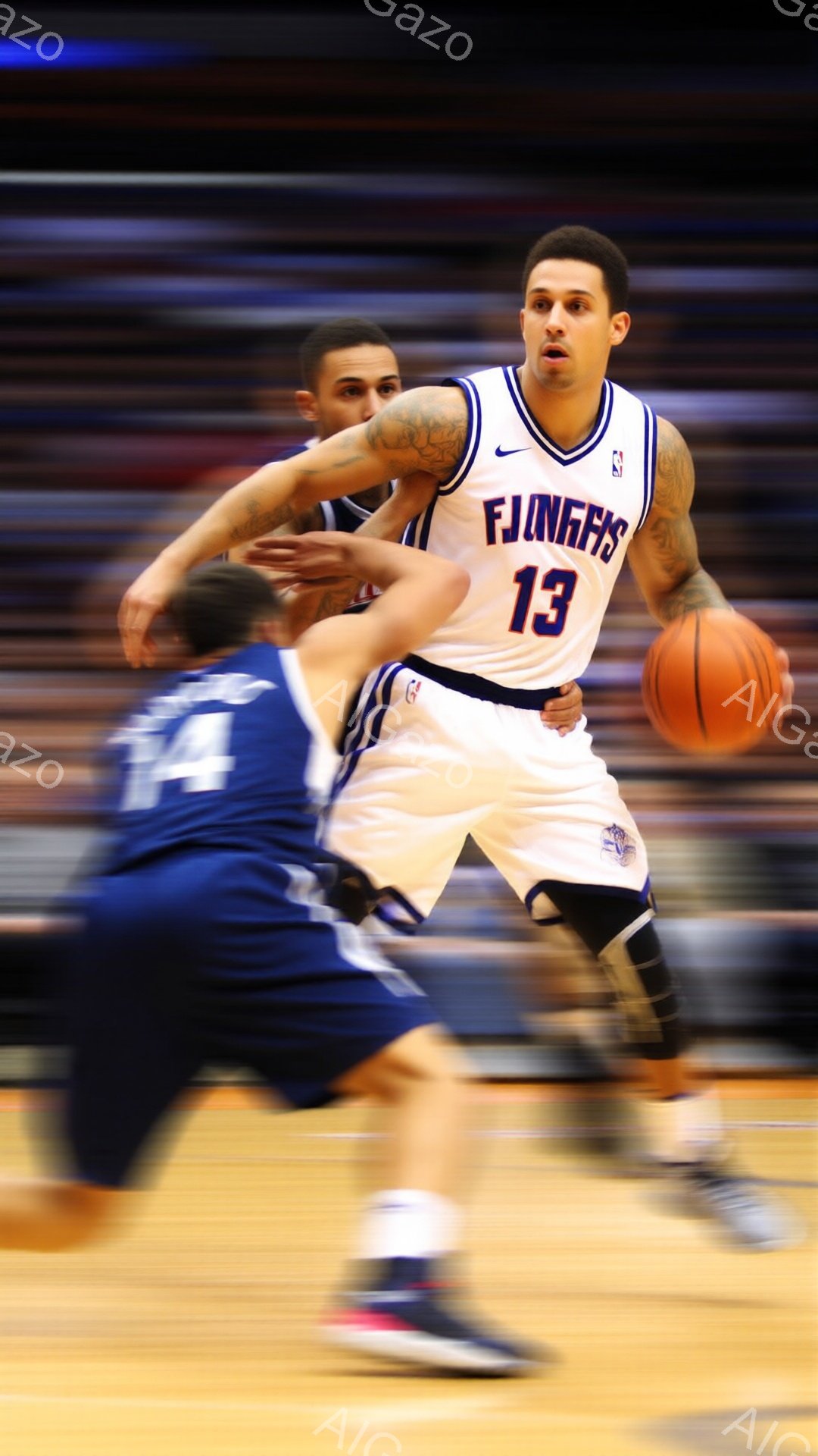 この画像は、バスケットボールの試合中の様子を捉えたもので、片方の選手がドリブルでボールを運び、もう一人の選手が守備している姿が描かれています。ドリブルしている選手は、黒いタトゥーが刻まれた腕と、背中に「13」と書かれた白いユニフォーム、そしてピンクと青のバスケットボールシューズを着用しています。背景は観客席で、試合の熱気と緊迫感を感じさせる様子が伝わってきます。