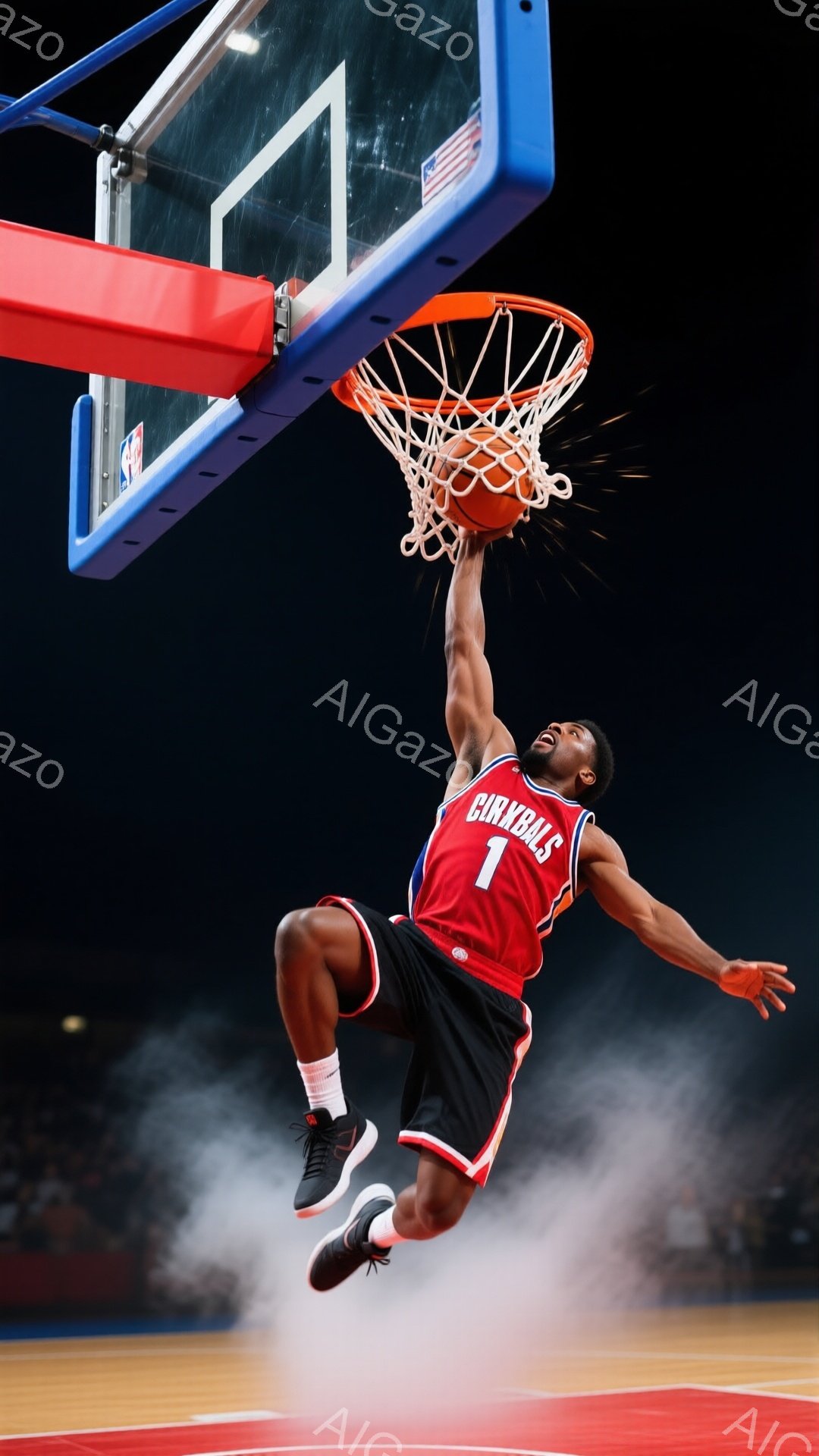 バスケットボール選手がダンクシュートを決める瞬間を捉えた写真です。赤と白のユニフォーム（背番号1）を着用し、空中でボールをリングに叩き込もうとしています。背景は暗く、観客席がぼやけていますが、リングを中心に光が当てられており、躍動感あふれる雰囲気を作り出しています。