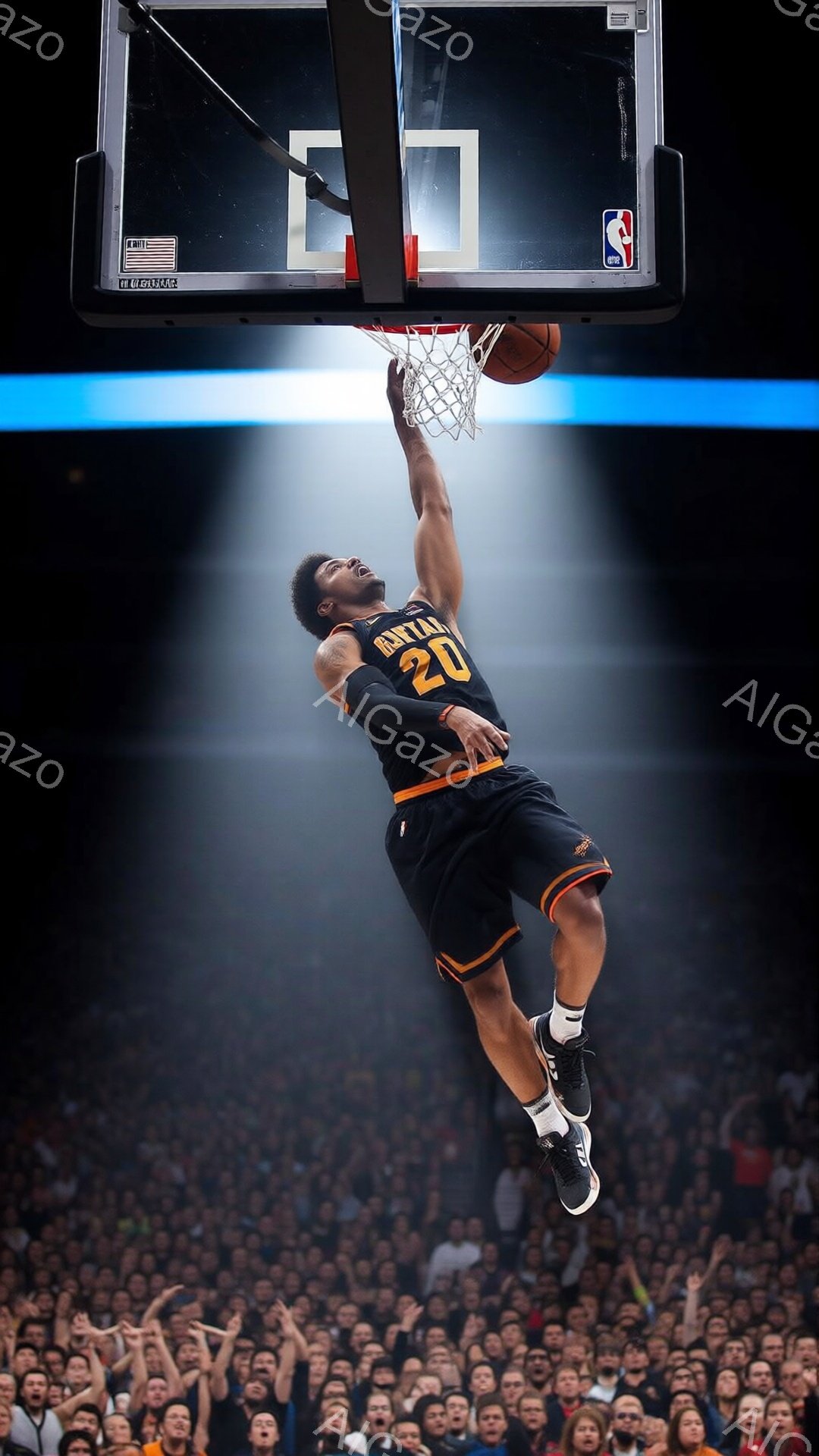 バスケットボール選手がダンクシュートを試み、空中でボールをリングに差し込もうとしています。彼は黒いユニフォームにオレンジ色のアクセントが入り、「ANT」と書かれた背番号20を着用し、髪は短く刈り込まれています。背景には観客席が広がり、多くの観客が興奮した様子で彼を見守っています。