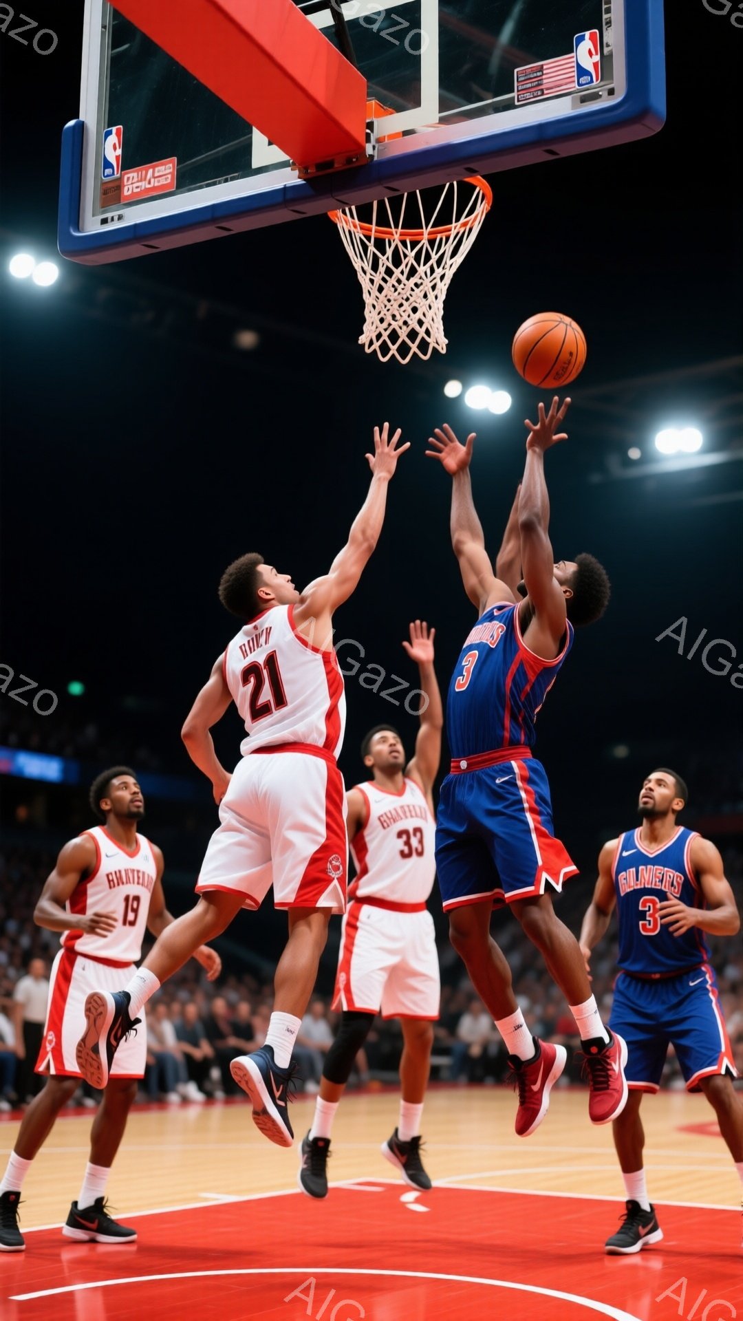 バスケットボールの試合中の様子で、赤と黒のユニフォームを着た選手が、青と黒のユニフォームを着た選手にブロックされそうになりながらシュートを試みています。観客席には多くの観客がぼやけて写っており、コートは明るい照明で照らされています。選手の表情は真剣で、緊迫感のある雰囲気が伝わってきます。