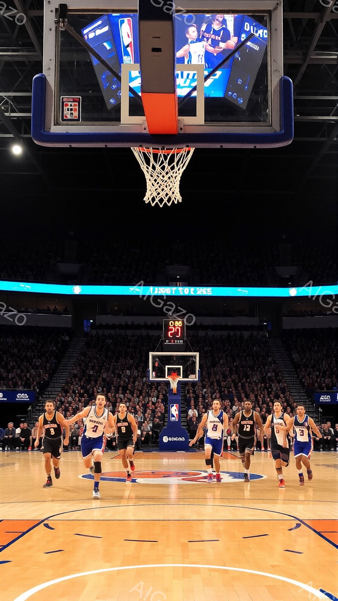 バスケットボールの試合中の様子で、コート上に青とオレンジのユニフォームを着た選手たちが整列している。彼らは皆、真剣な表情で、次のプレイに備えているような姿勢を見せている。背景には観客席が広がり、スコアボードには時間が表示されている。