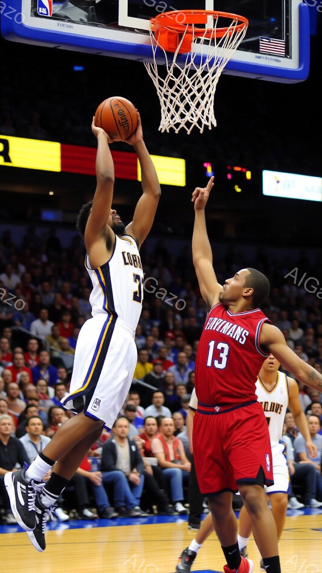 バスケの試合中の様子で、紺色のユニフォームを着た選手が、高くジャンプしてボールをダンクしようとしています。対戦相手は赤色のユニフォームを着ており、高く手を伸ばしてブロックを試みています。背景には観客席が広がり、会場全体が熱気に包まれている様子が伺えます。