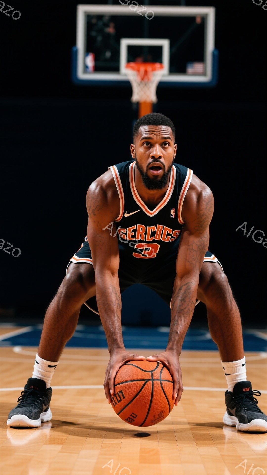 黒いバスケットボールユニフォームを着た男性が、膝を曲げ、バスケットボールを両手で構えている。彼のユニフォームには「JAZZ」と書かれており、彼の表情は集中していて、競技への意欲が感じられる。背景はバスケットボールコートで、ゴールネットが見え、コートの木製の床が光沢を持って輝いている。