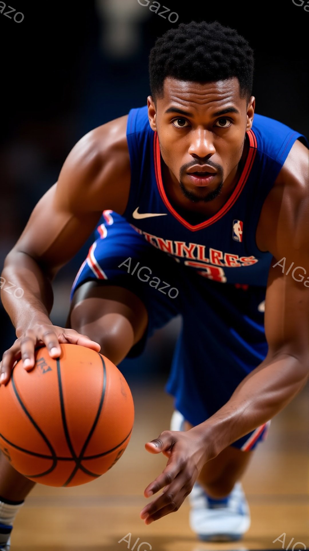 この画像は、バスケットボール選手がボールを抱え、低姿勢で臨む姿を捉えています。選手は青と赤のユニフォームを着用し、短髪で顎ひげを生やしています。背景は木製のコートで、集中した雰囲気の中でプレイに備えています。