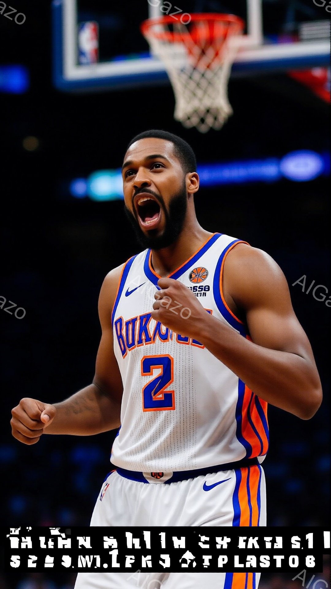 ニューヨーク・ニックスの選手が、オレンジと青のユニフォームを着て、激しい表情で叫んでいる。髪は短く刈り上げられており、両手を握りしめて興奮をあらわにしている。背景はバスケットボールコートで、ゴールネットが見える。