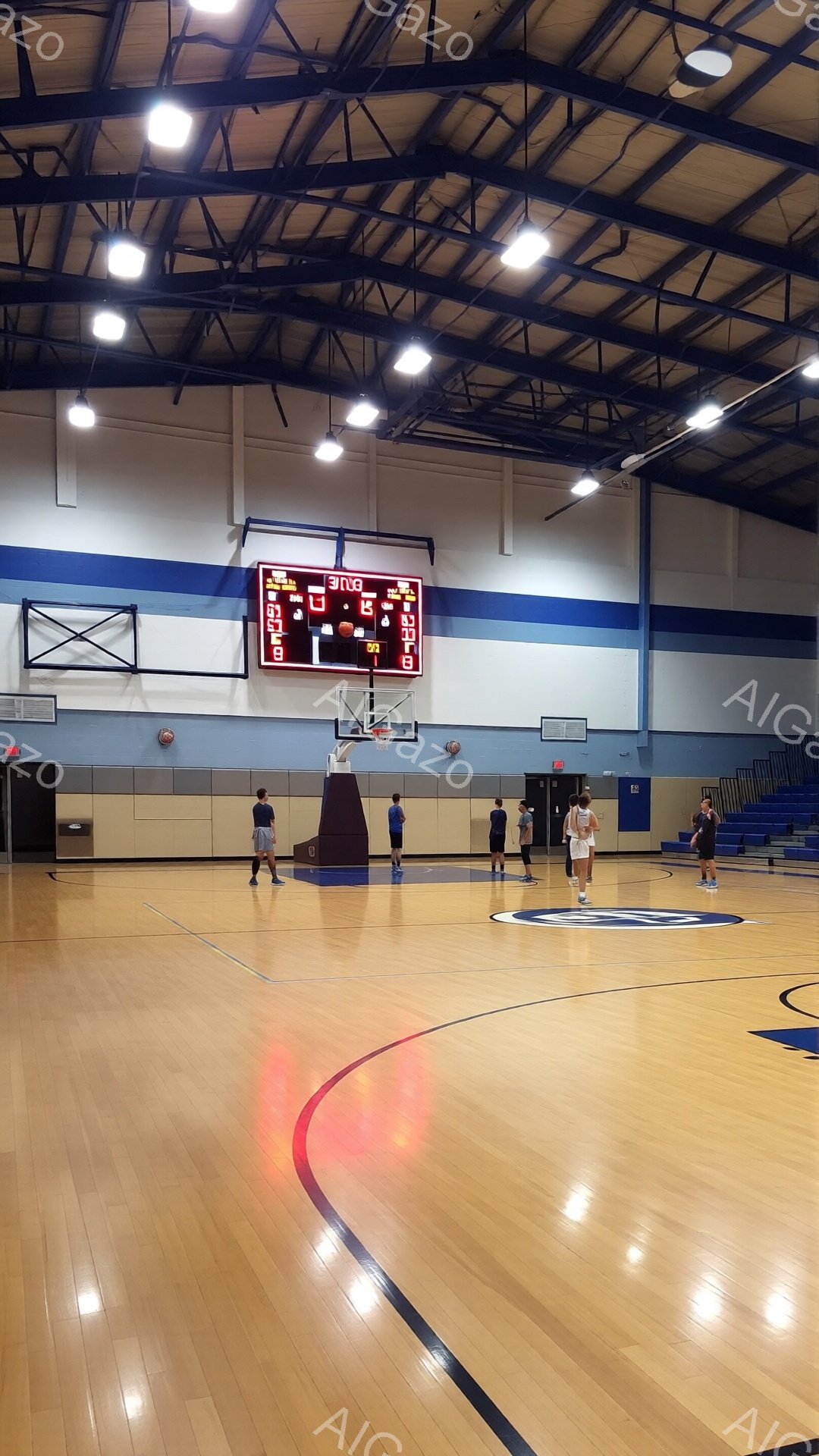 バスケコートの室内で、複数の人がバスケットボールをしている様子が写っている。コートは木製で光沢があり、青いラインが描かれている。天井には明るい照明が設置されており、観客席もわずかに見える。