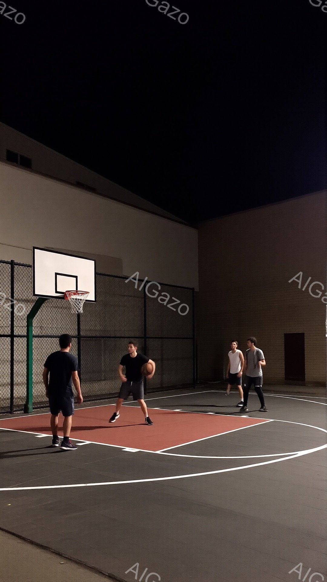 夜間のバスケットボールコートで、数人の男性がバスケットボールをしている様子が写っている。一人はボールを持ってドリブルしており、他の数人はコートの反対側に立って、プレーの準備をしているようだ。背景にはレンガ造りの建物があり、全体的に静かで集中した雰囲気である。