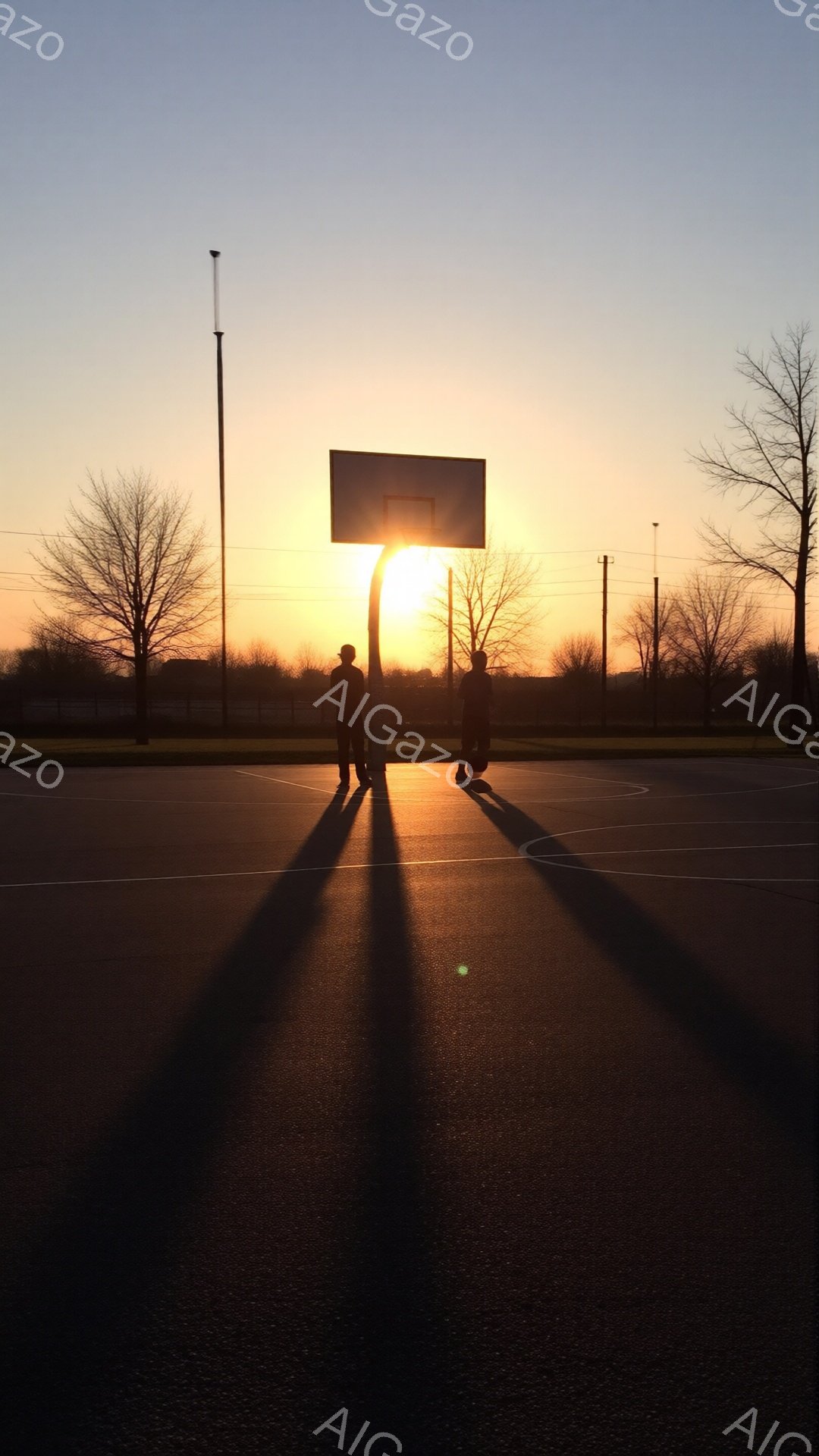 バスケットボールコートに二人の人物がシルエットで映っており、夕焼けを背景に長い影を落としています。人物はどちらも暗く、詳細な服装や髪型は不明ですが、一人はバスケットボールを持っているようです。背景には木々が並び、空は夕焼けのオレンジとピンクで染まっており、静かで穏やかな雰囲気を醸し出しています。