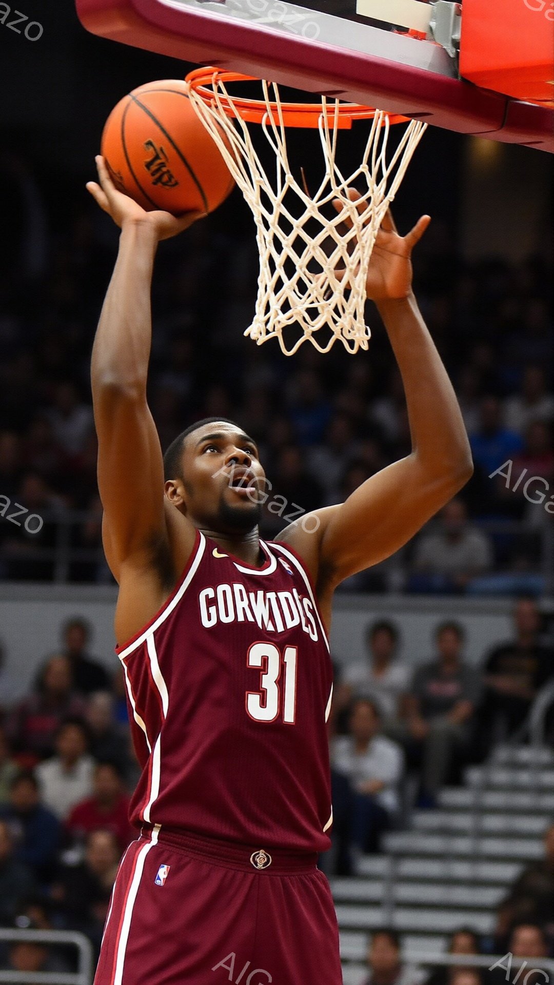 バスケットボール選手がダンクシュートを試み、ゴールに手を伸ばしています。彼は赤みがかった濃い色のユニフォームの31番を着用し、短く刈り込んだヘアスタイルをしています。背景には観客席が見え、試合の熱気を感じさせる活気のある雰囲気です。