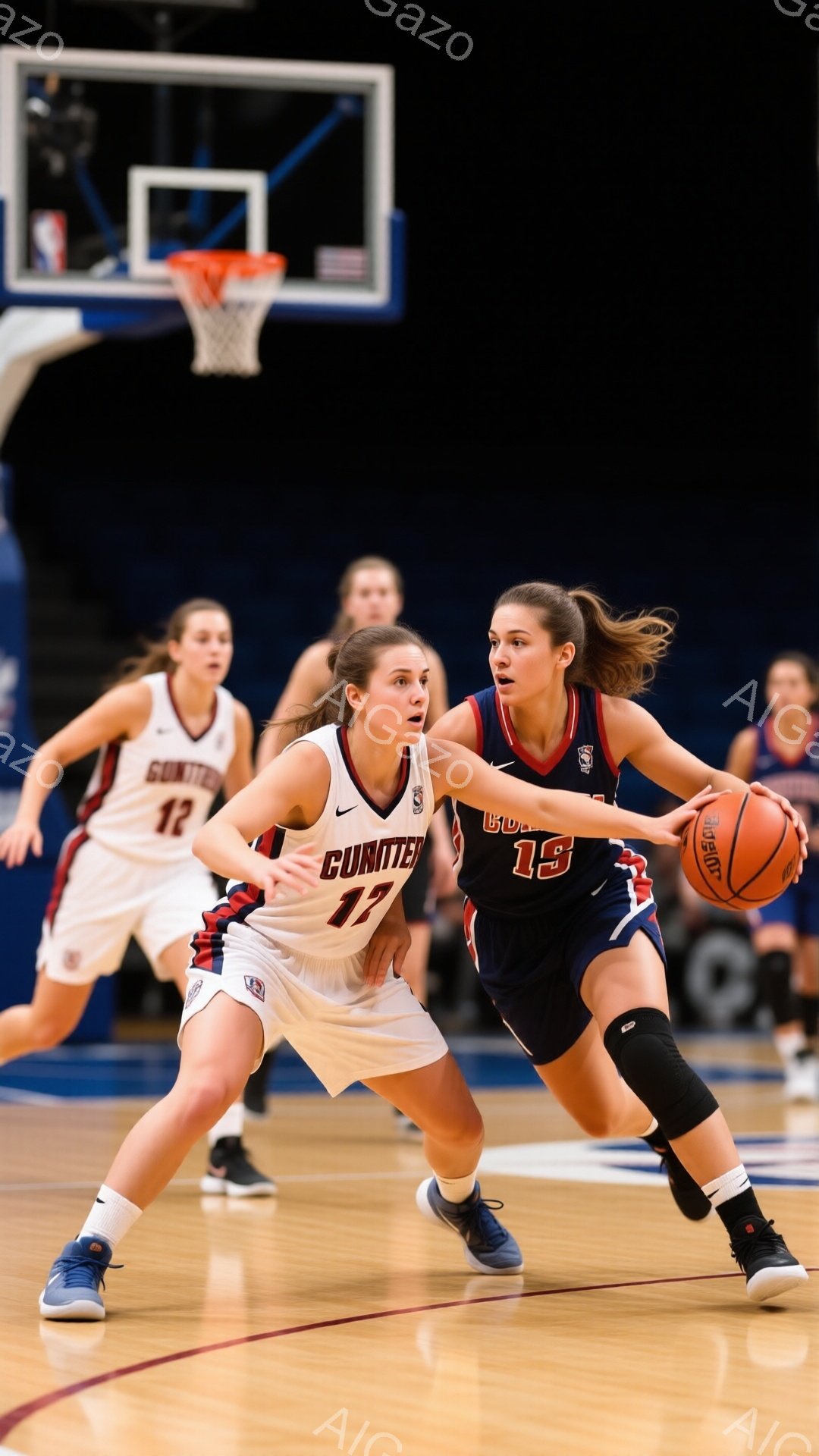 画像には、バスケットボールの試合中の女性選手が写っています。彼女は紺色のユニフォームと黒のリストバンドを着用し、髪はポニーテールに結ばれています。彼女はボールを保持し、集中した表情でドリブルしているように見え、他の選手たちは背景にぼやけています。