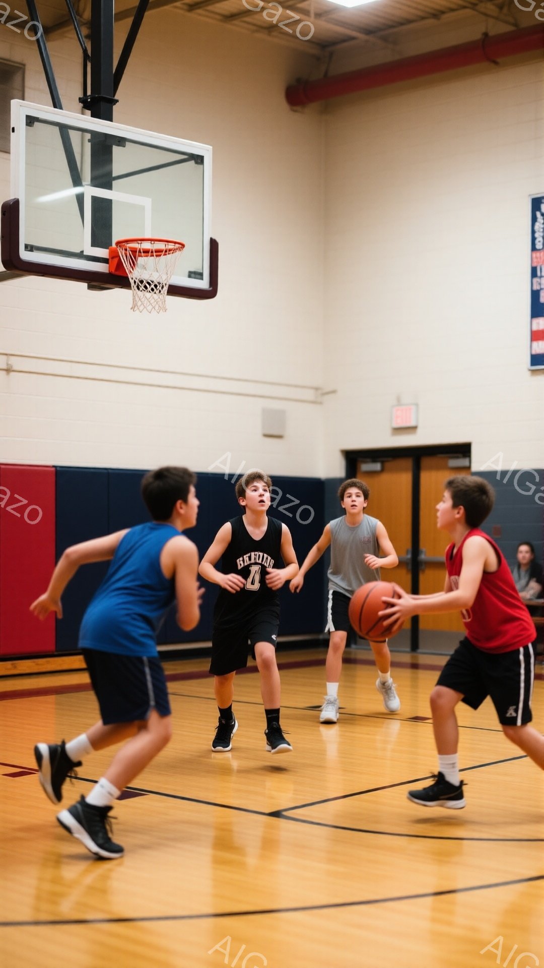 バスケコートで4人の少年がバスケットボールをしている写真です。黒のユニフォームを着た少年は、ボールを持って相手を睨みつけています。他の少年たちは青と赤のユニフォームを着て、動きのあるポーズをとっており、コートは木製で、背景には壁とドアが見えます。