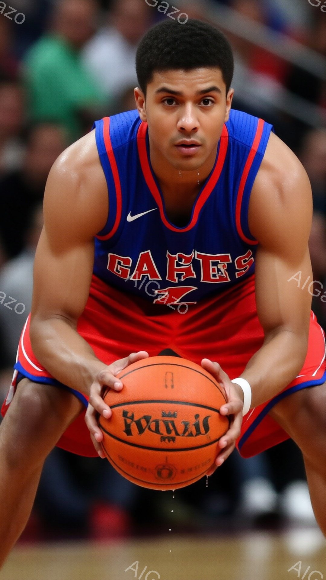 この画像は、バスケットボール選手が赤いユニフォームと黒のショーツを着て、ボールを両手で抱えています。彼は短髪で、真剣な表情を浮かべており、膝を曲げて少し身をかがめています。背景はぼやけていますが、観客席の一部と何らかの照明が見え、試合中の様子であることがわかります。