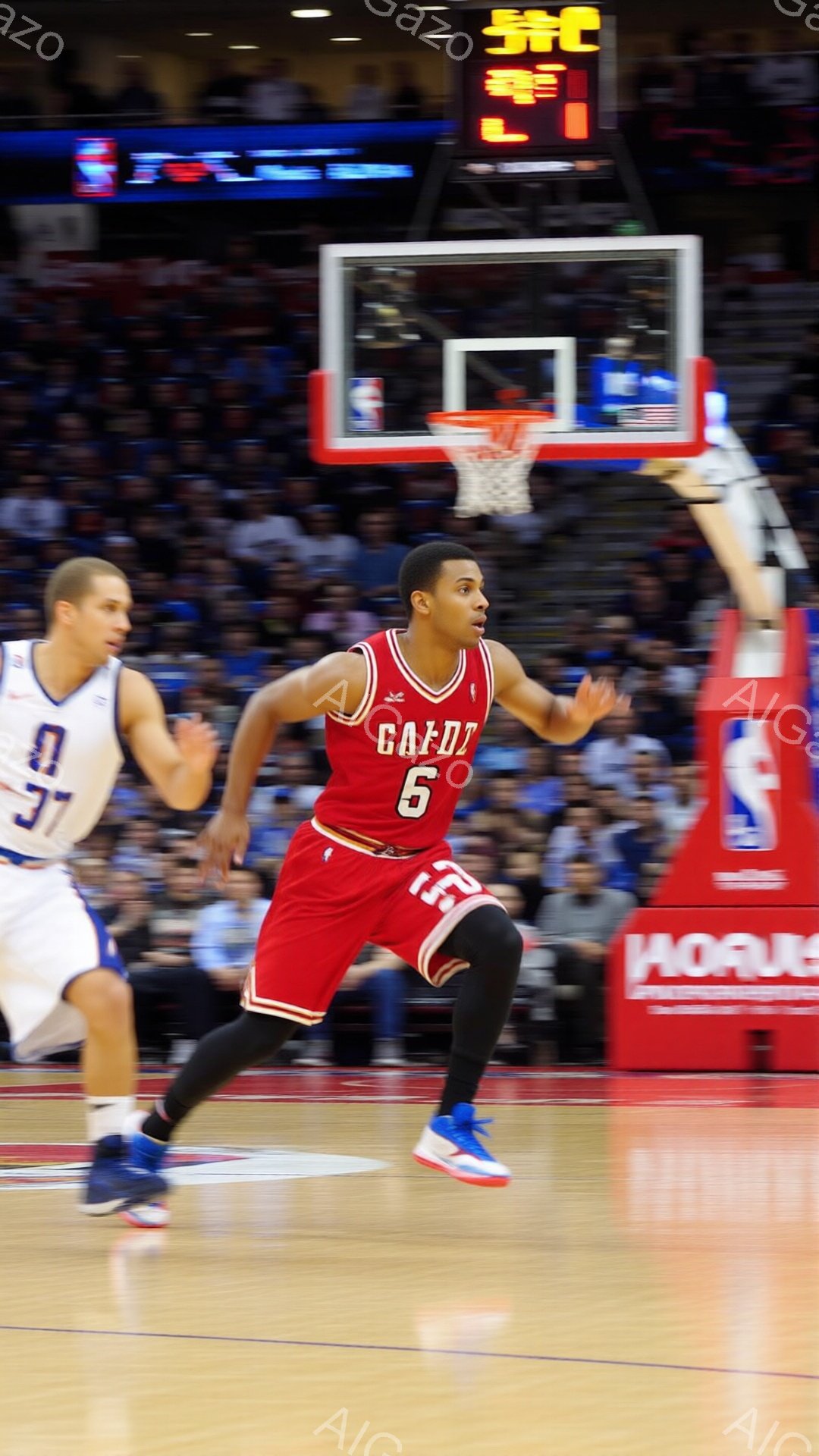 赤いユニフォームを着たバスケットボール選手が、コートを疾走している様子が写っている。選手は背番号6をつけ、青いシューズと黒いソックスを履いており、表情は真剣で、ボールを持ってドリブルしている最中である。背景には観客席やバスケットゴールが見え、競技場の活気ある雰囲気が伝わってくる。